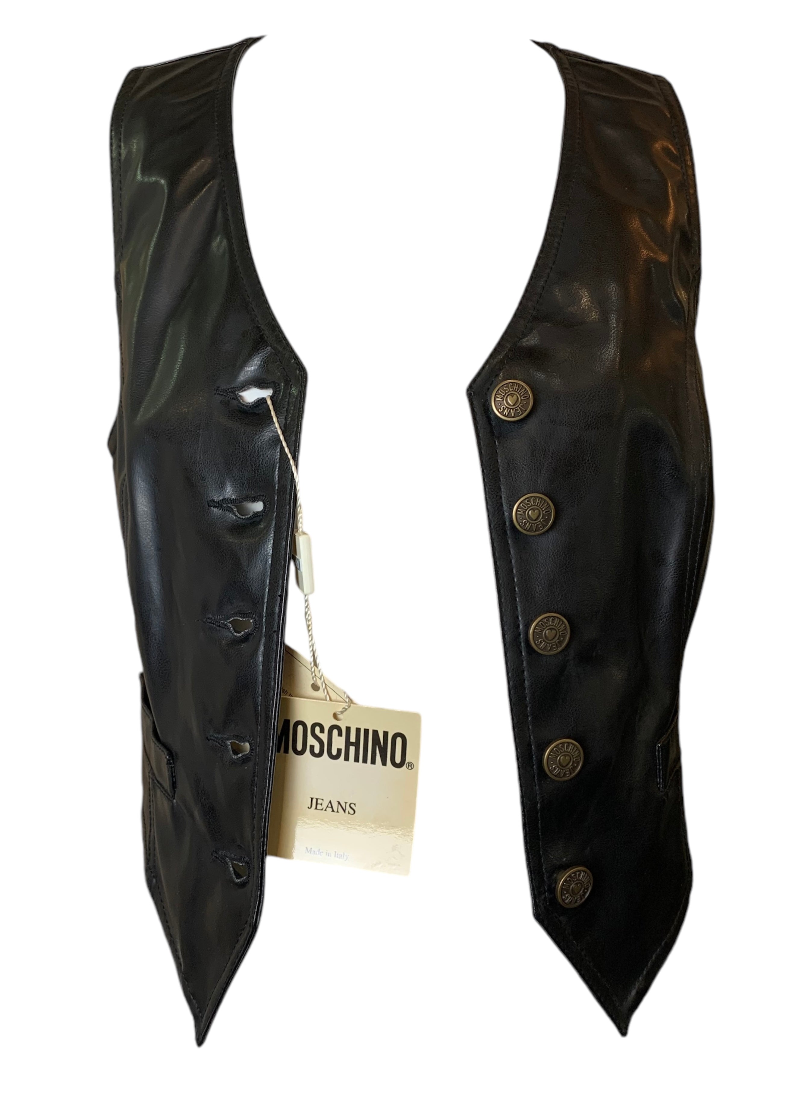 90s Moschino Jeans Faux Leather Brass Studded Heart Vest FRONT OPEN 4/12