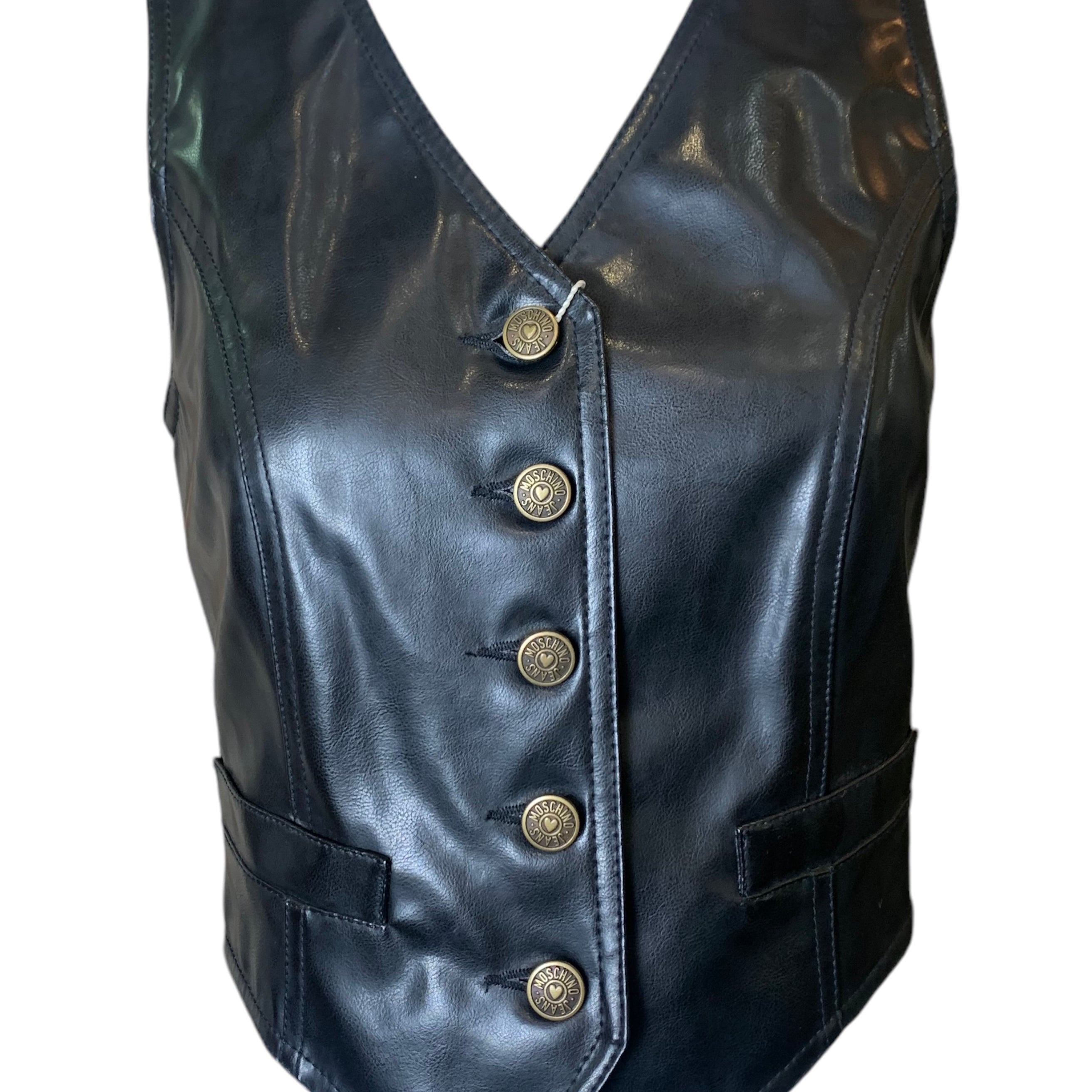 90s Moschino Jeans Faux Leather Brass Studded Heart Vest FRONT 2/12