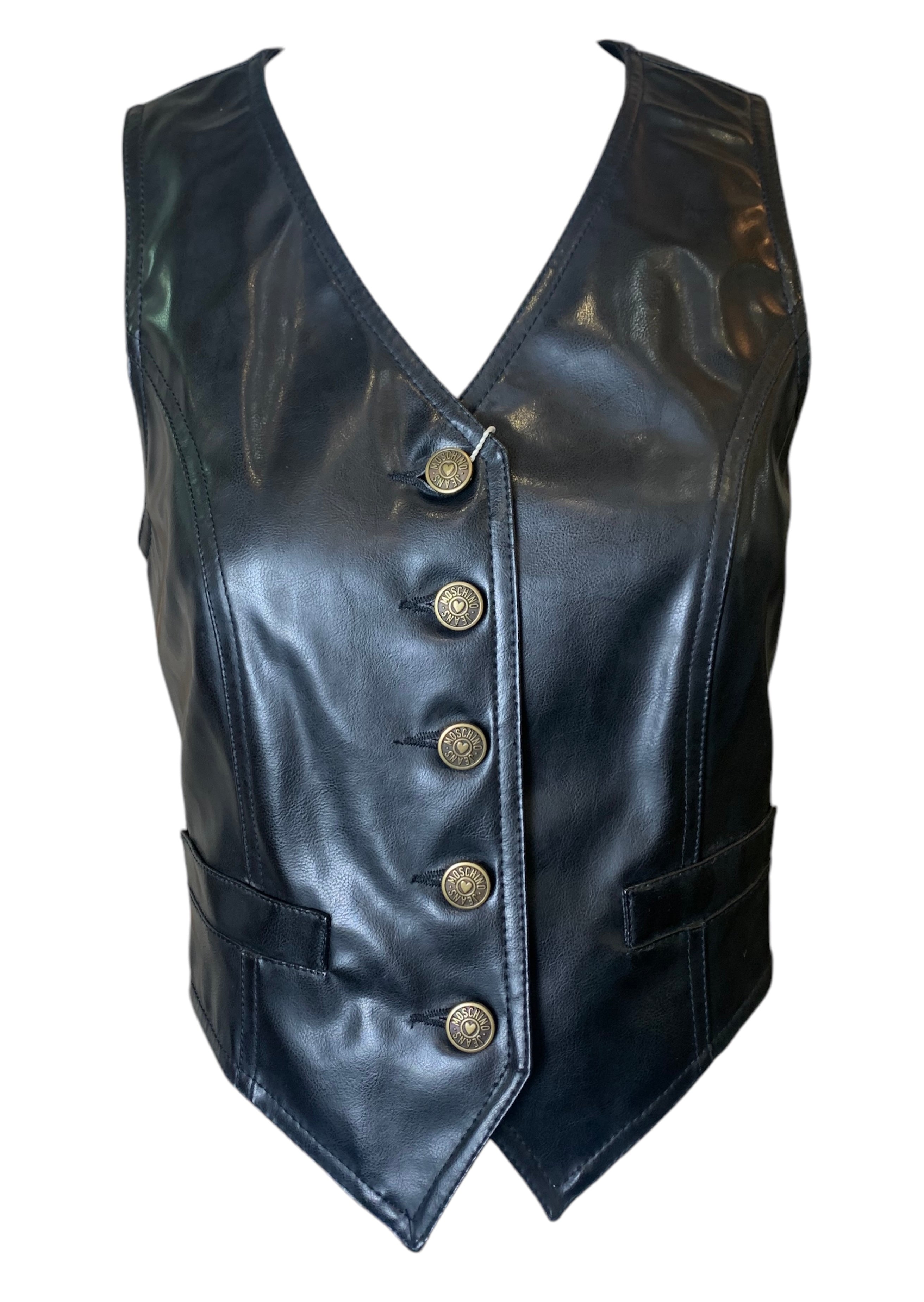 90s Moschino Jeans Faux Leather Brass Studded Heart Vest FRONT 2/12