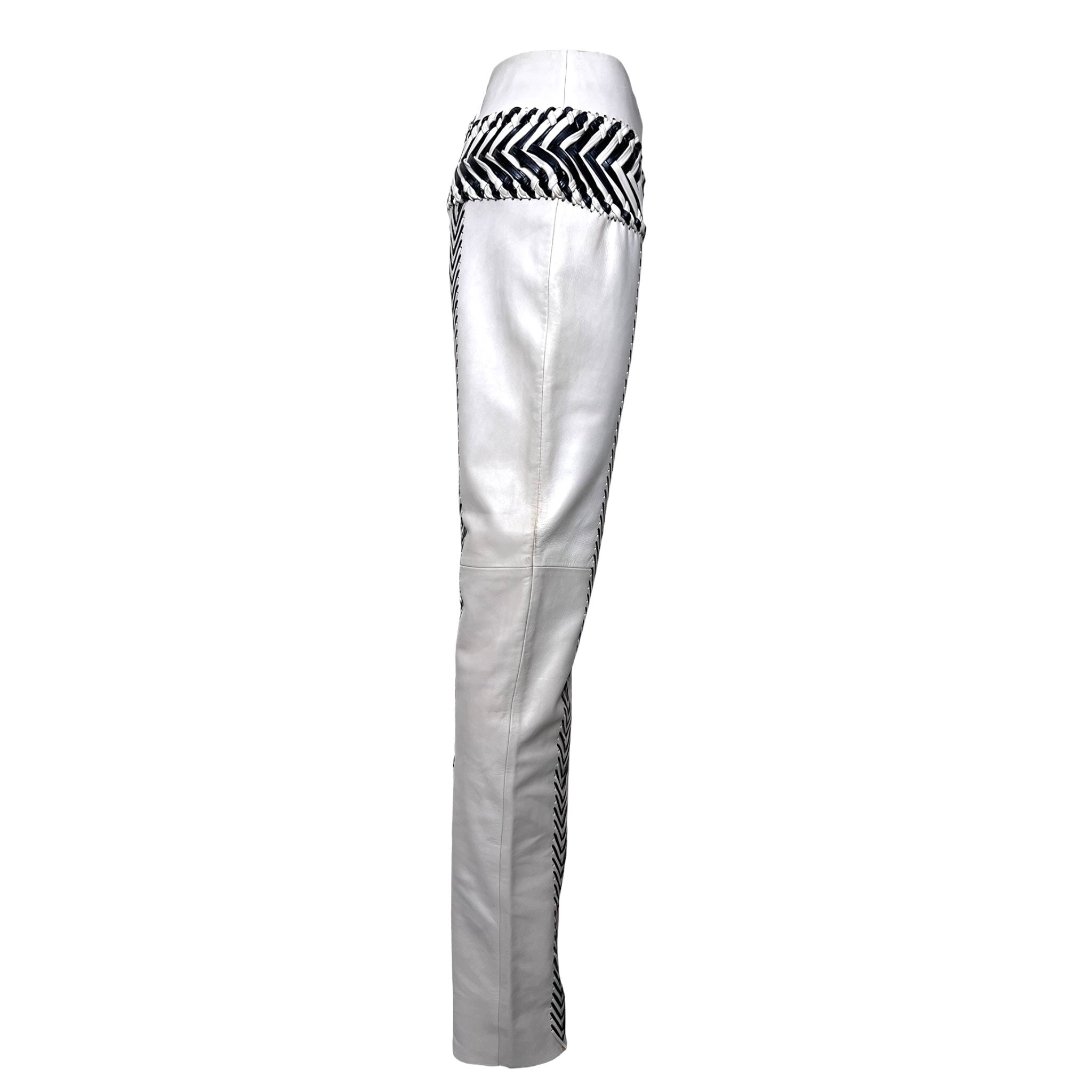 Gianfranco Ferre S/S 2001 Cream and Black Fringed Leather Jacket + Pant Ensemble, pants side