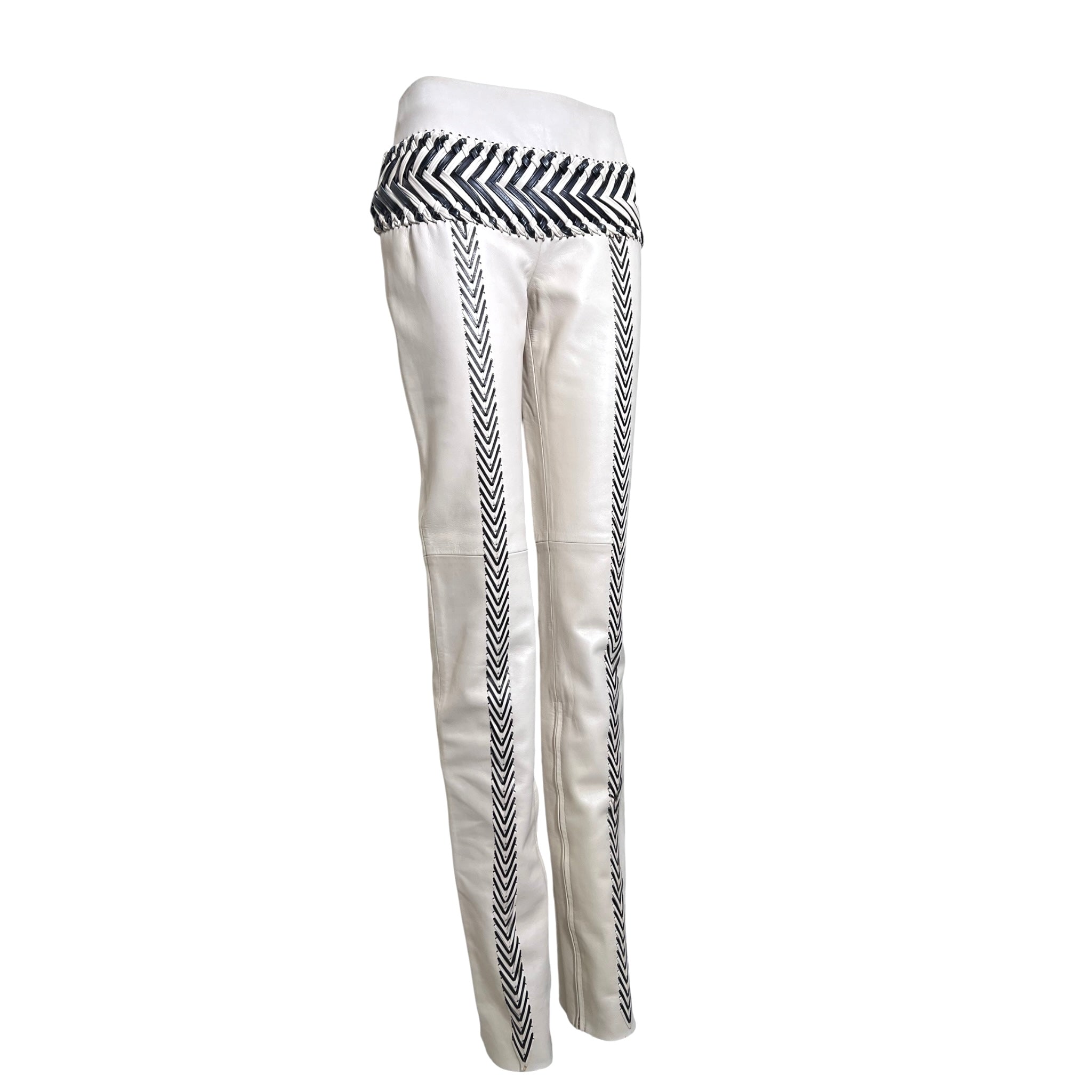 Gianfranco Ferre S/S 2001 Cream and Black Fringed Leather Jacket + Pant Ensemble, pants slight side
