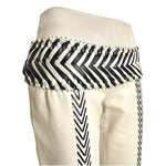 Gianfranco Ferre S/S 2001 Cream and Black Fringed Leather Jacket + Pant Ensemble, slight side waist detail