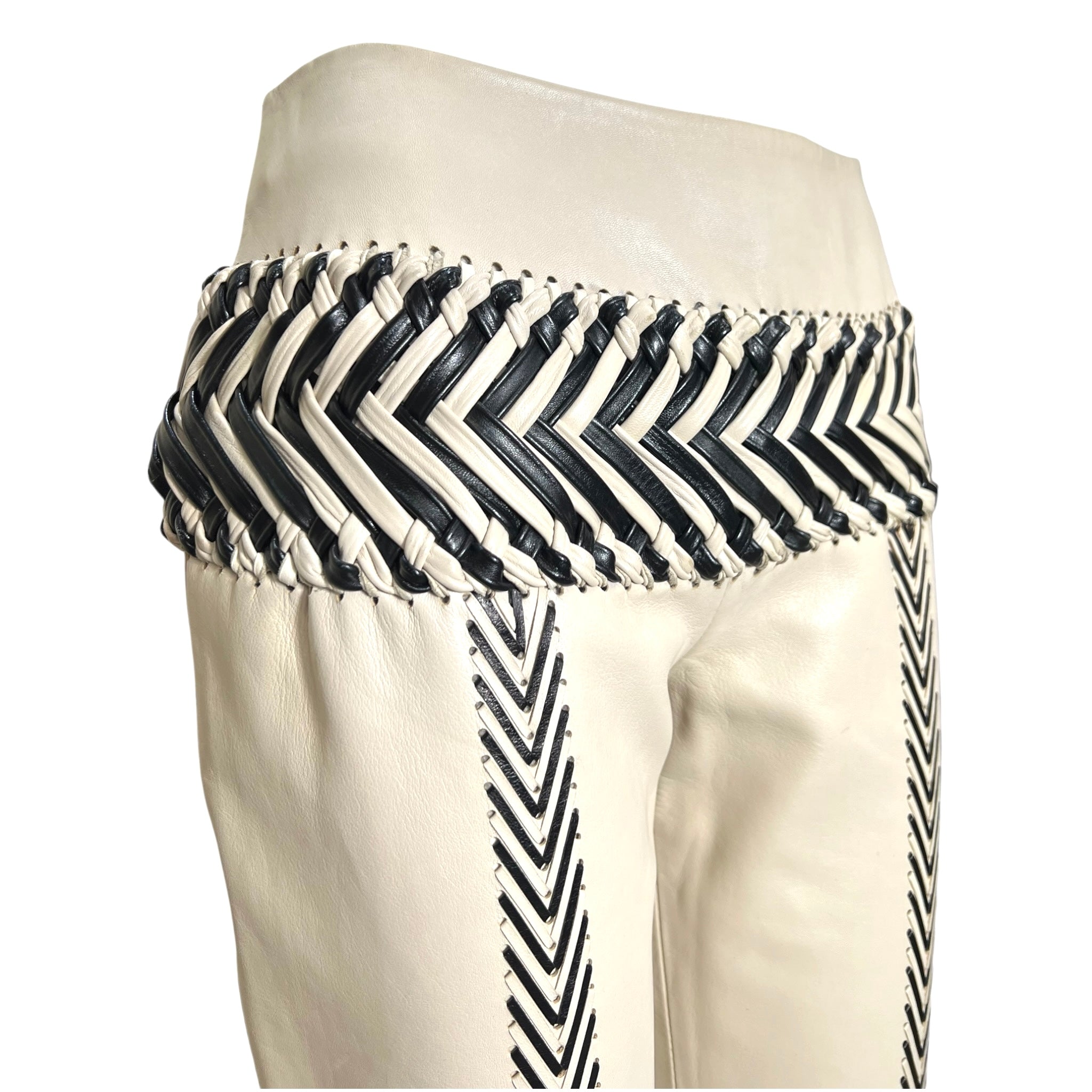 Gianfranco Ferre S/S 2001 Cream and Black Fringed Leather Jacket + Pant Ensemble, slight side waist detail