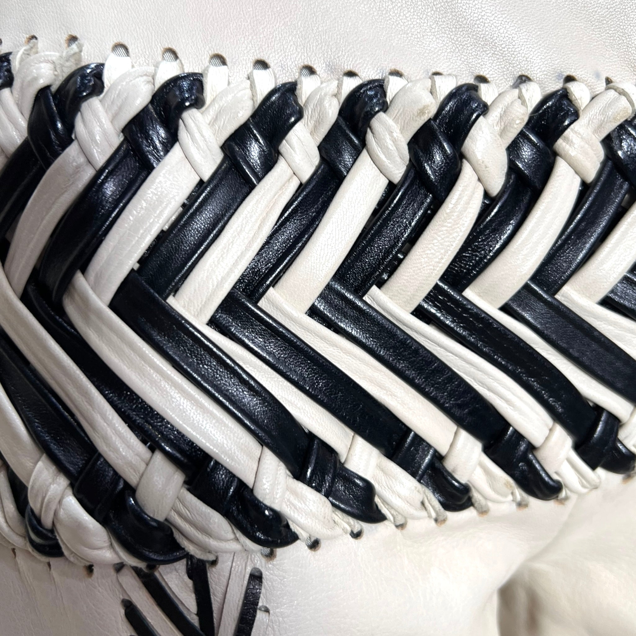 Gianfranco Ferre S/S 2001 Cream and Black Fringed Leather Jacket + Pant Ensemble, detail