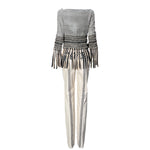 Gianfranco Ferre S/S 2001 Cream and Black Fringed Leather Jacket + Pant Ensemble, back