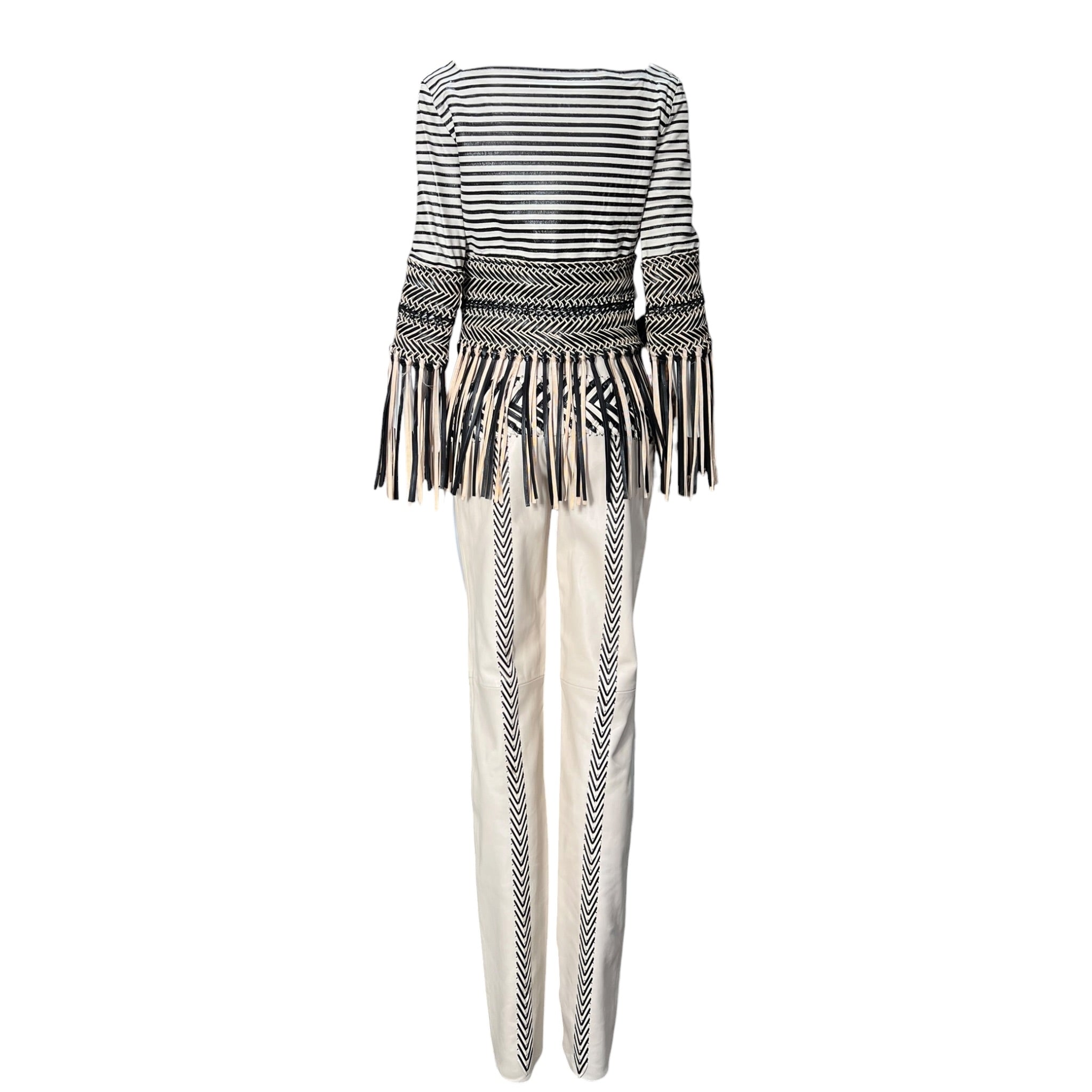Gianfranco Ferre S/S 2001 Cream and Black Fringed Leather Jacket + Pant Ensemble, back