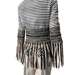 Gianfranco Ferre S/S 2001 Cream and Black Fringed Leather Jacket + Pant Ensemble, jacket slight side