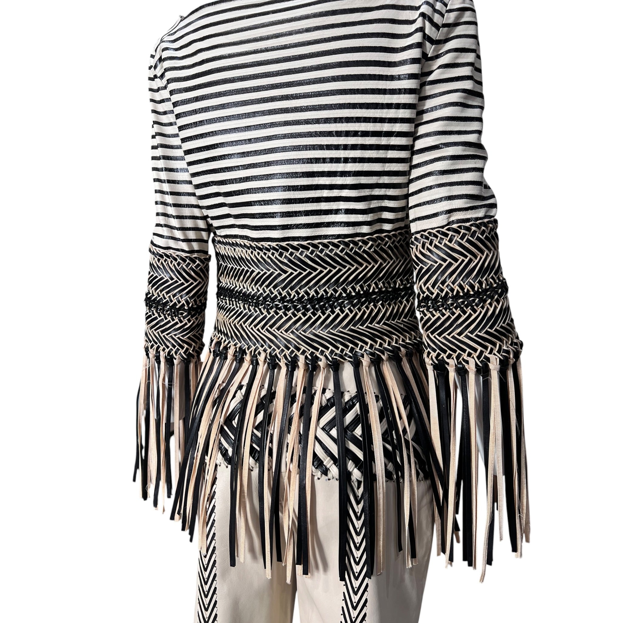 Gianfranco Ferre S/S 2001 Cream and Black Fringed Leather Jacket + Pant Ensemble, jacket slight side