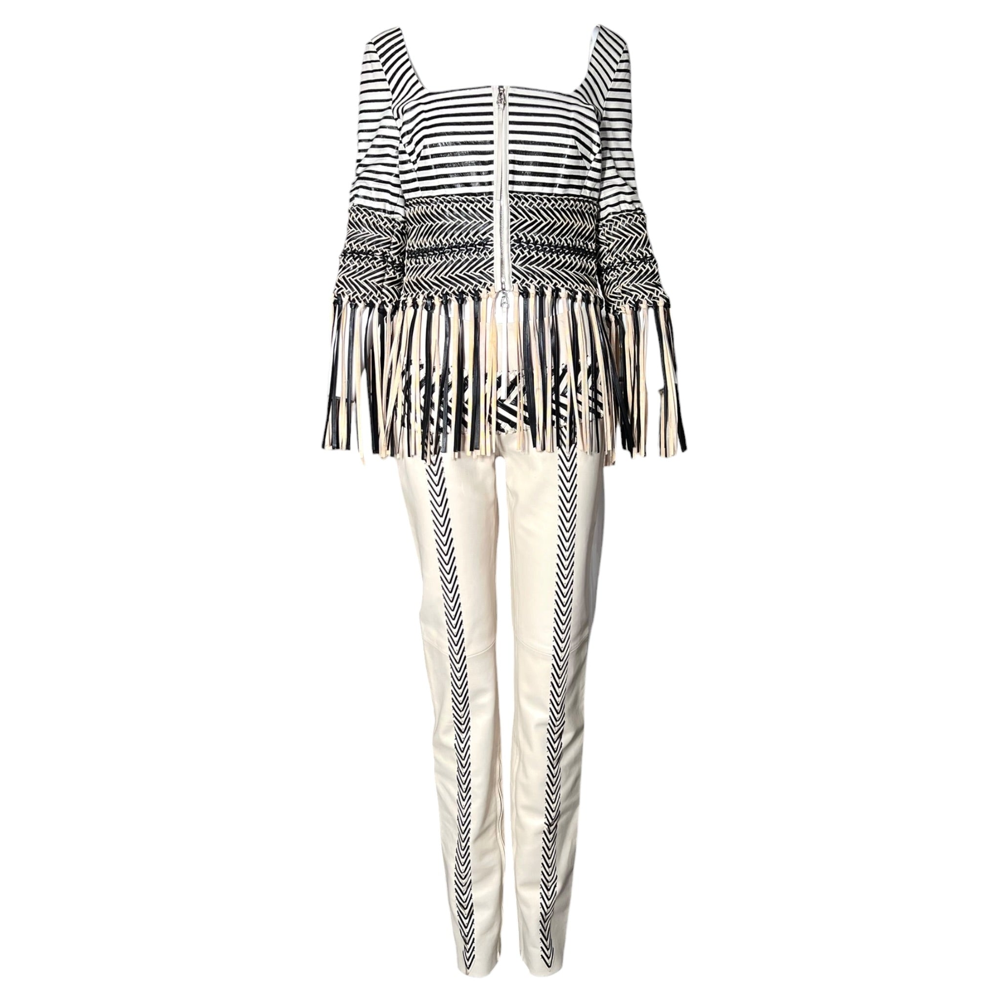 Gianfranco Ferre S/S 2001 Cream and Black Fringed Leather Jacket + Pant Ensemble
