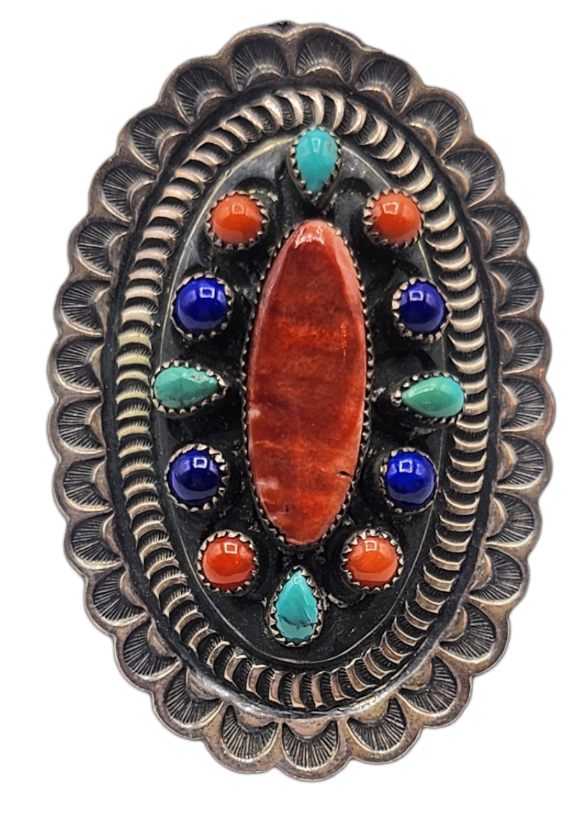  Navajo Large Spiny Oyster Turquoise Lapis  Sterling Silver Ring FRONT 1 of 4