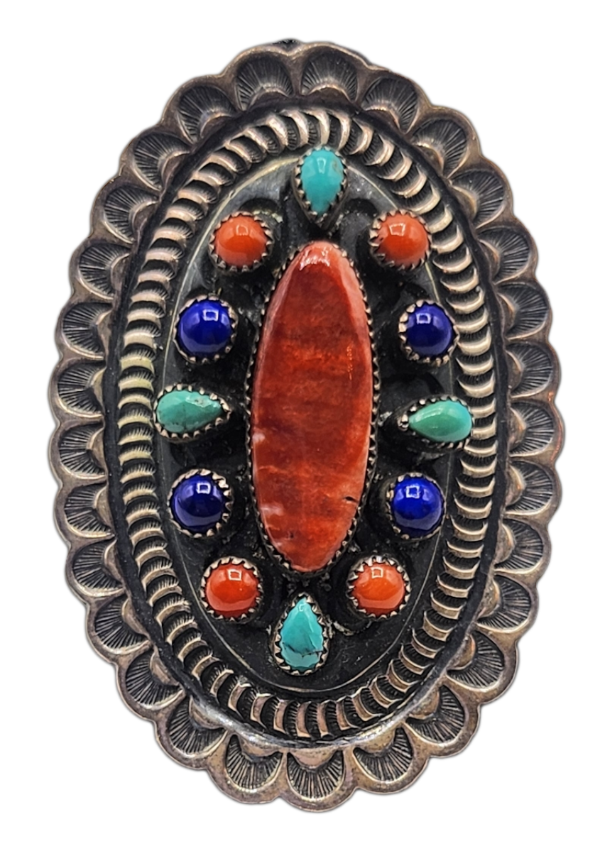  Navajo Large Spiny Oyster Turquoise Lapis  Sterling Silver Ring FRONT 1 of 4