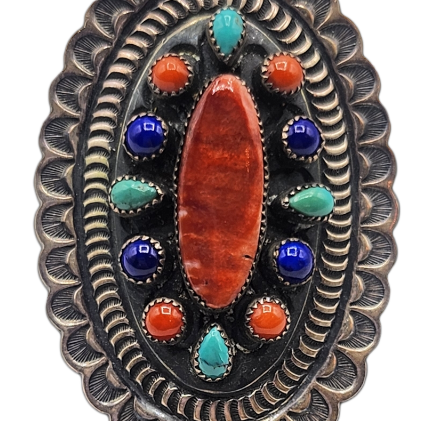  Navajo Large Spiny Oyster Turquoise Lapis  Sterling Silver Ring FRONT 1 of 4