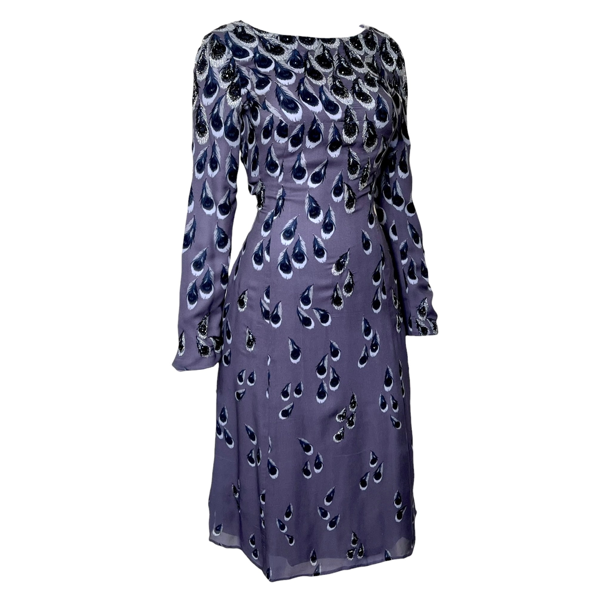 Irene by Greg LaVoi 2000s Silk Beaded Peacock Dress, slight side