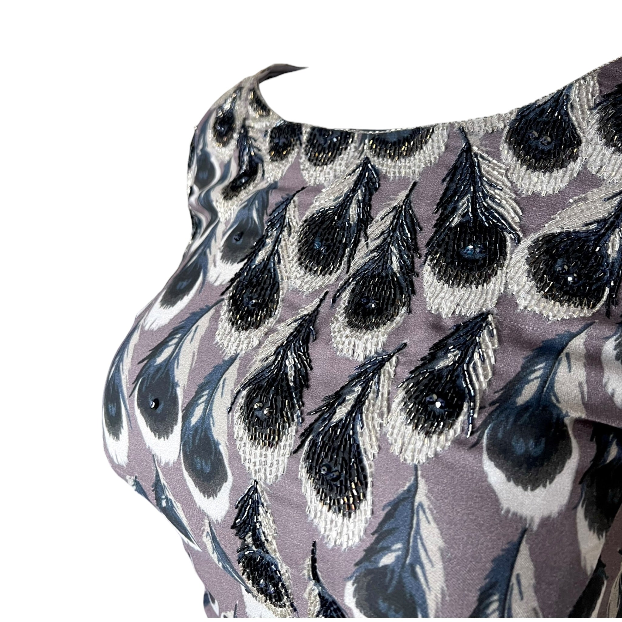 Irene by Greg LaVoi 2000s Silk Beaded Peacock Dress, side bodice