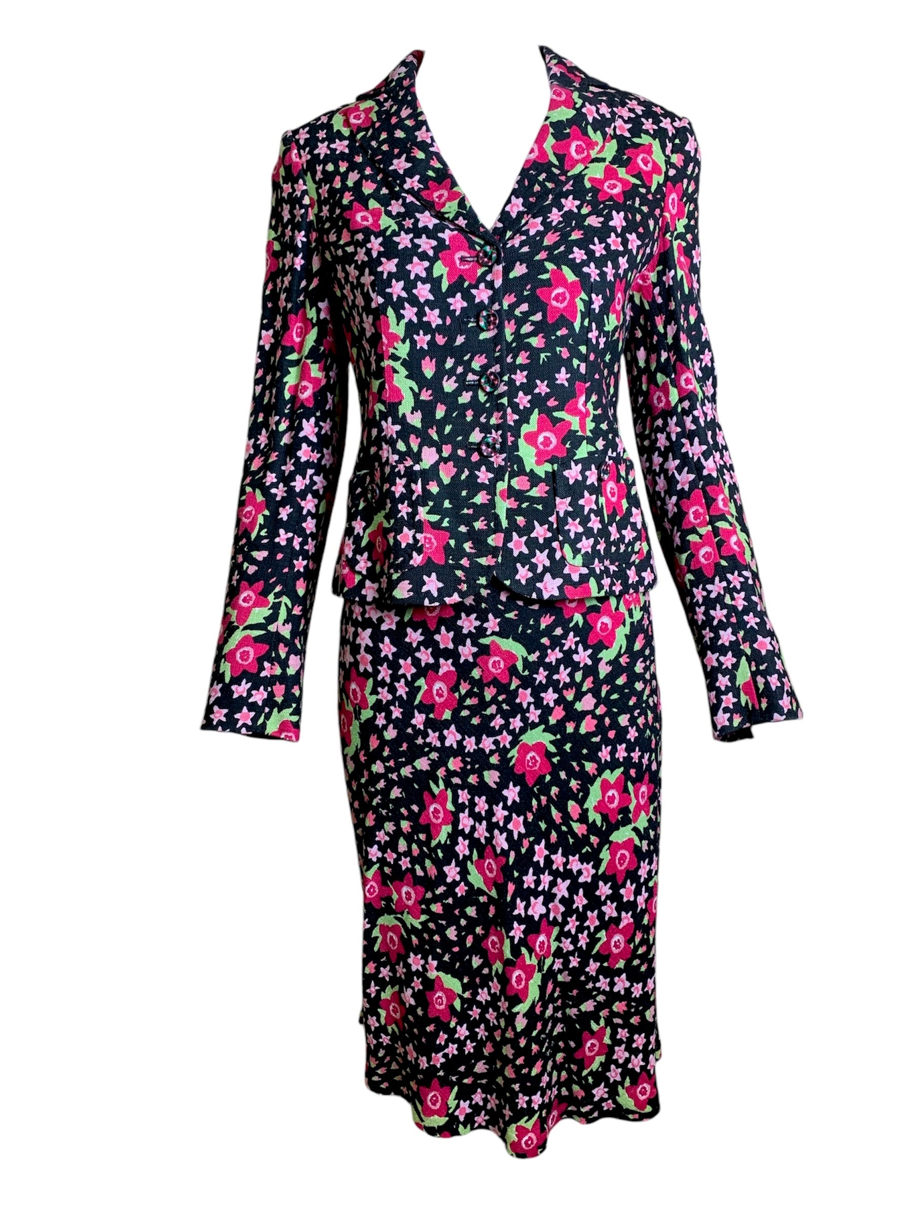 Moschino 2000's Black and Pink Floral Skirt Suit