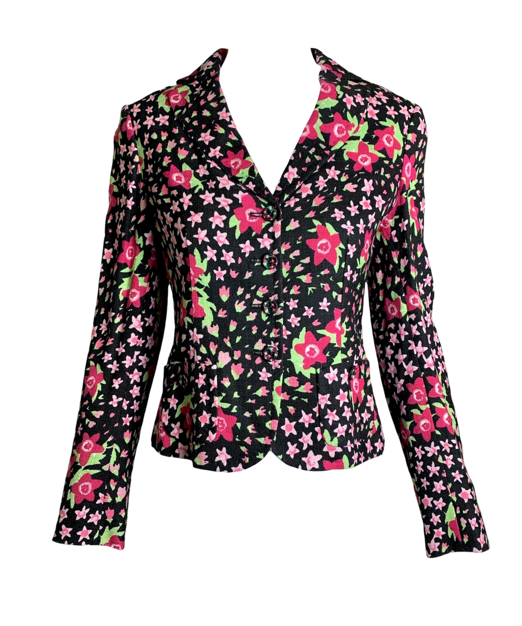 Moschino 2000's Black and Pink Floral Skirt Suit, jacket