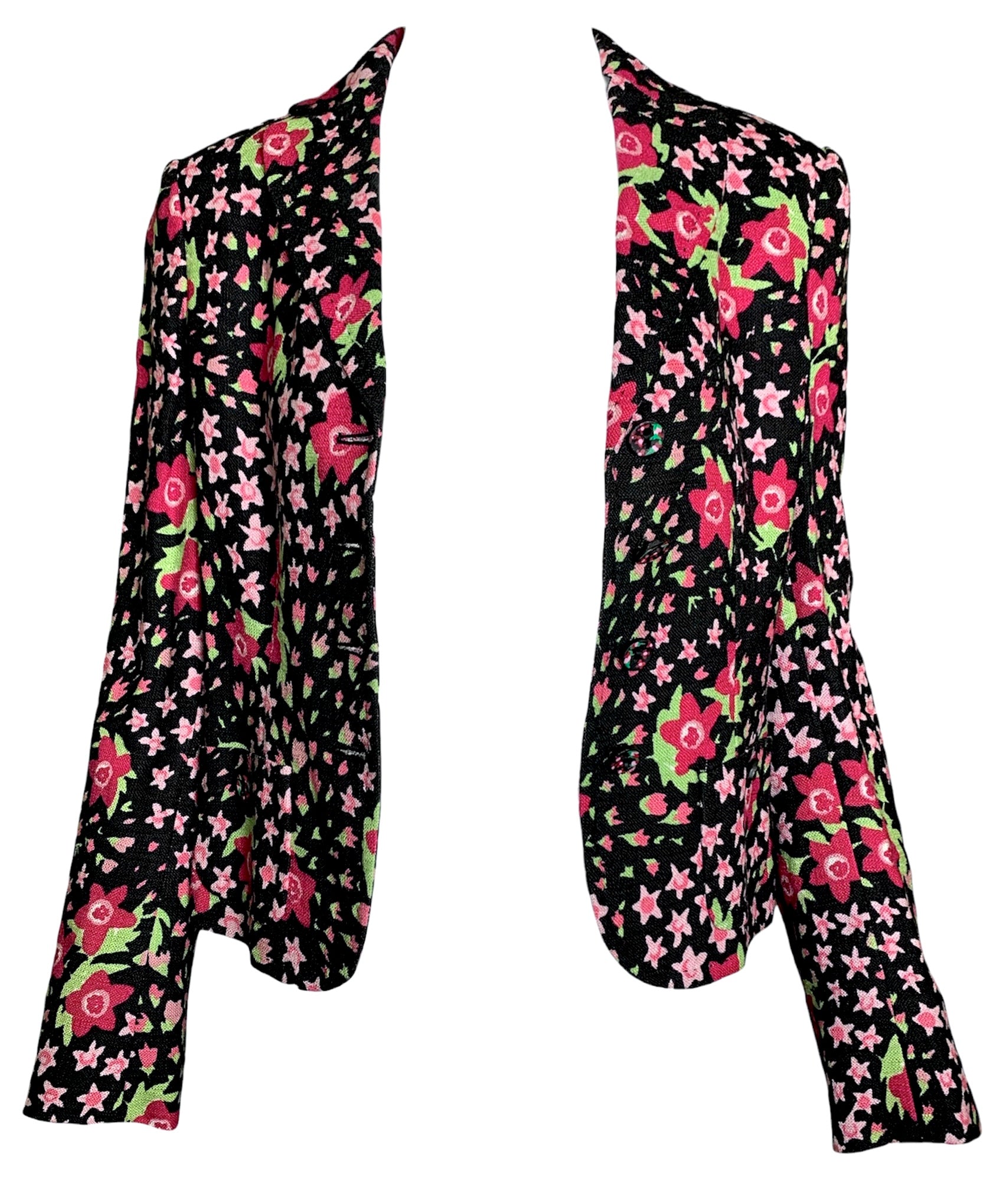 Moschino 2000's Black and Pink Floral Skirt Suit, jacket front