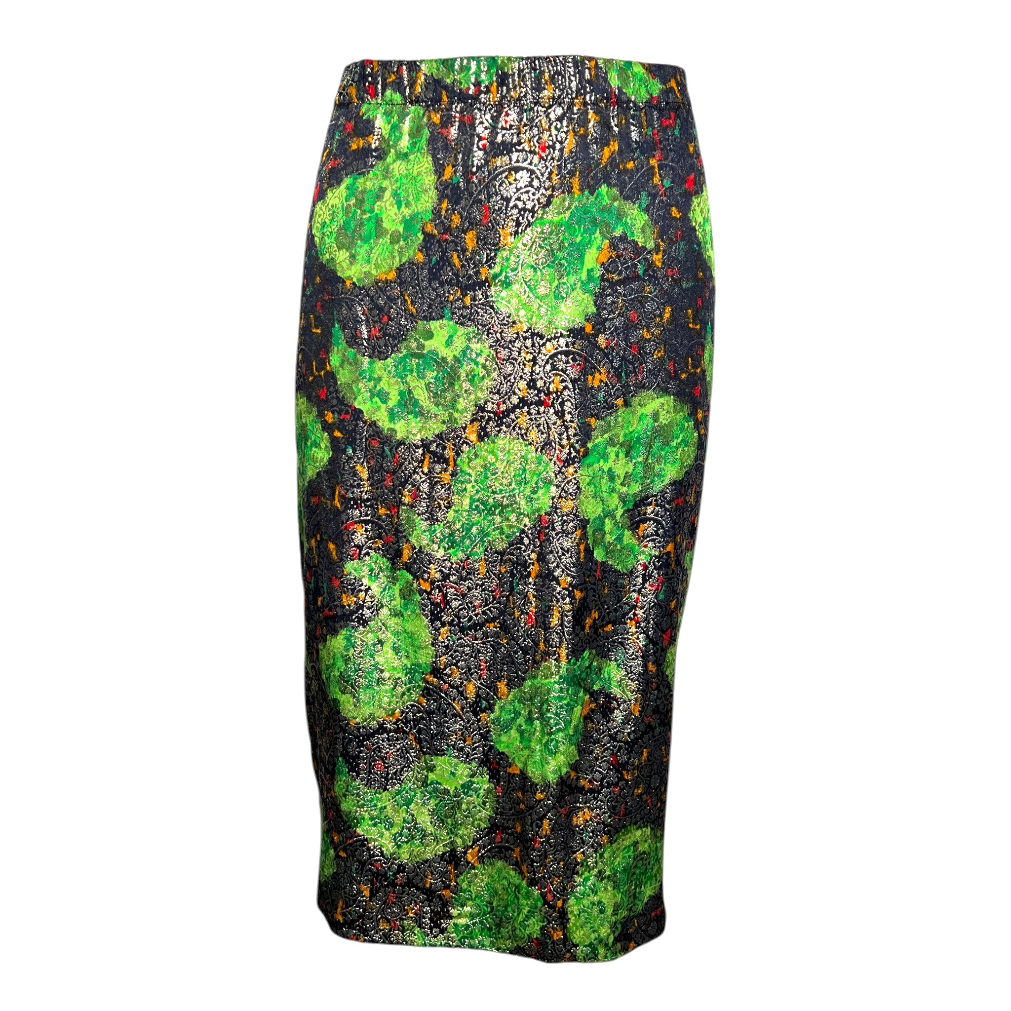Galanos 1980's Acid Green Lamé Silk Jacquard Paisley Blouson Skirt Ensemble, skirt