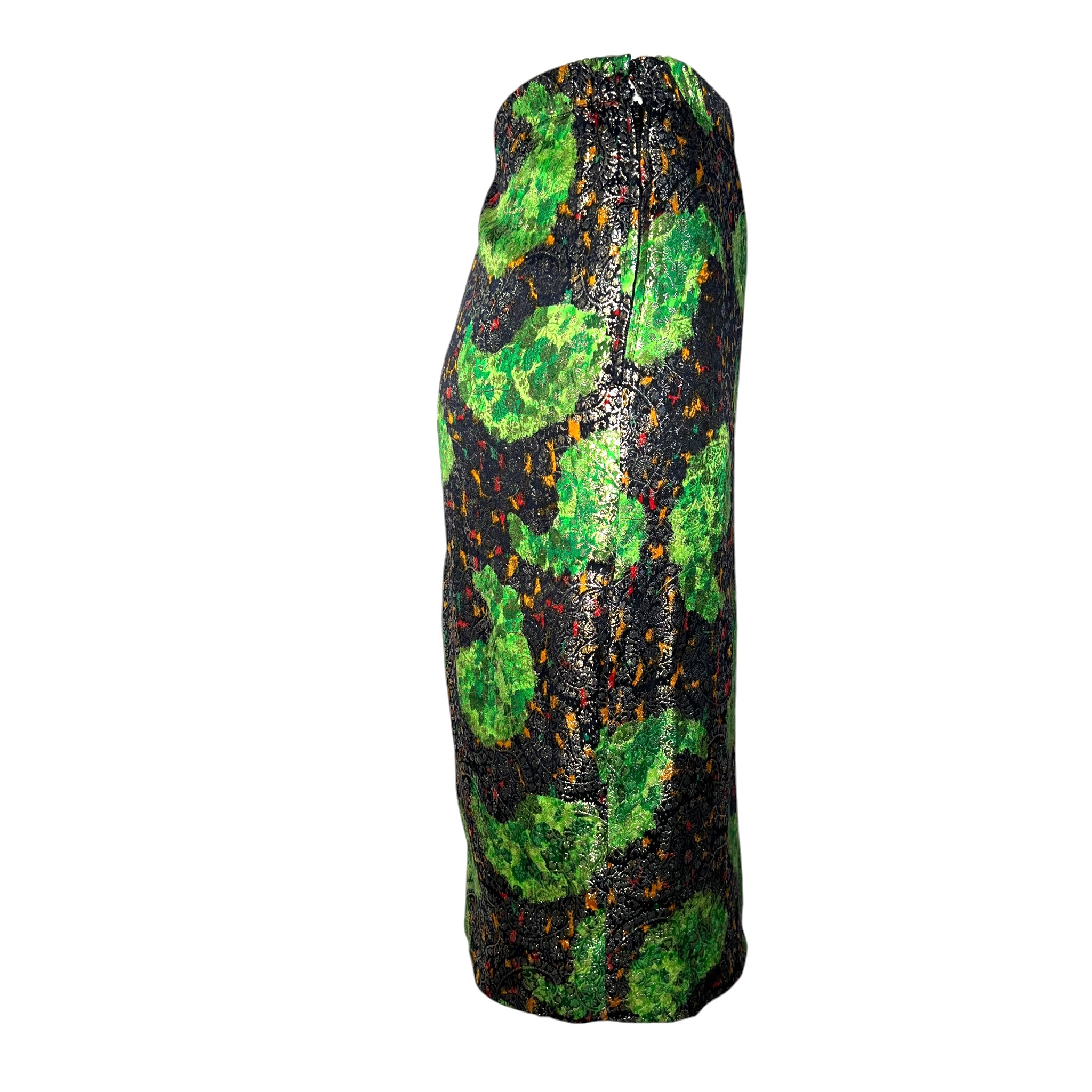 Galanos 1980's Acid Green Lamé Silk Jacquard Paisley Blouson Skirt Ensemble, skirt side