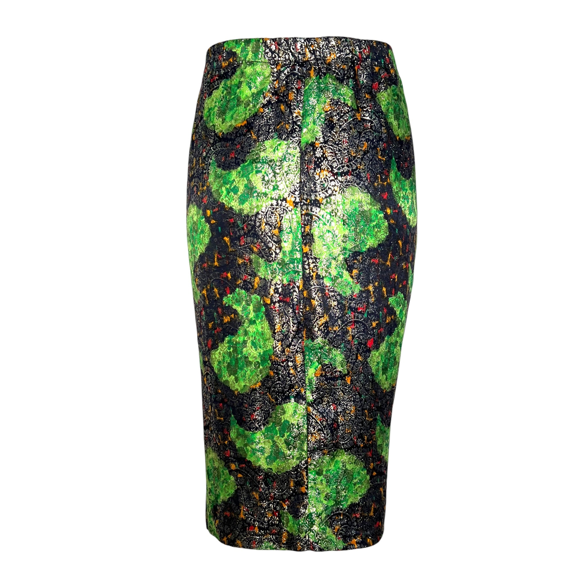 Galanos 1980's Acid Green Lamé Silk Jacquard Paisley Blouson Skirt Ensemble, side back
