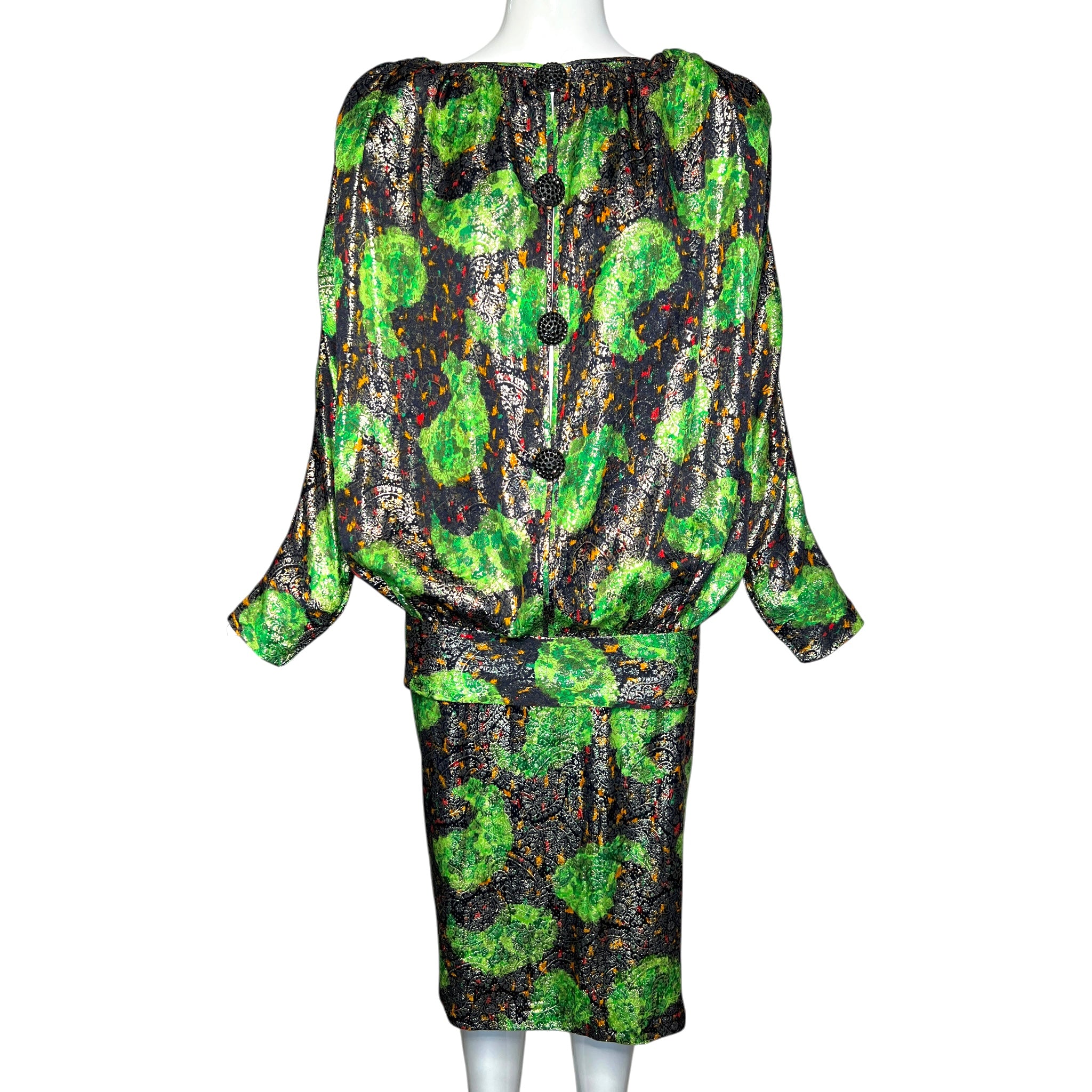Galanos 1980's Acid Green Lamé Silk Jacquard Paisley Blouson Skirt Ensemble