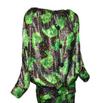 Galanos 1980's Acid Green Lamé Silk Jacquard Paisley Blouson Skirt Ensemble, top slight side