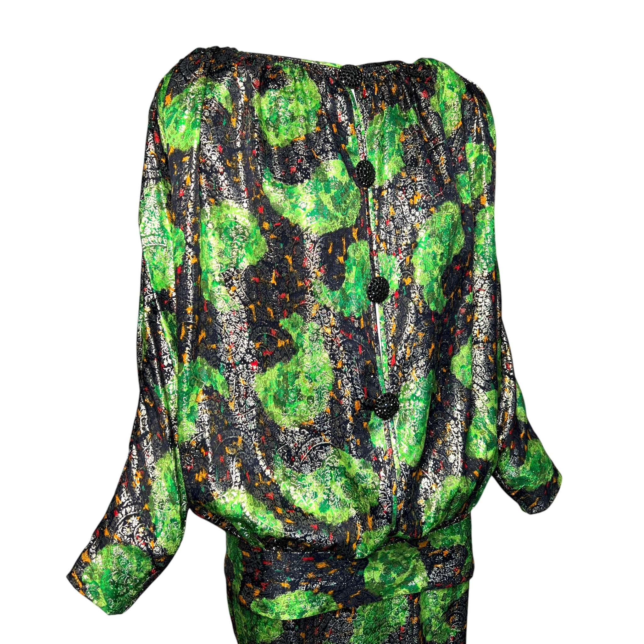 Galanos 1980's Acid Green Lamé Silk Jacquard Paisley Blouson Skirt Ensemble, top slight side