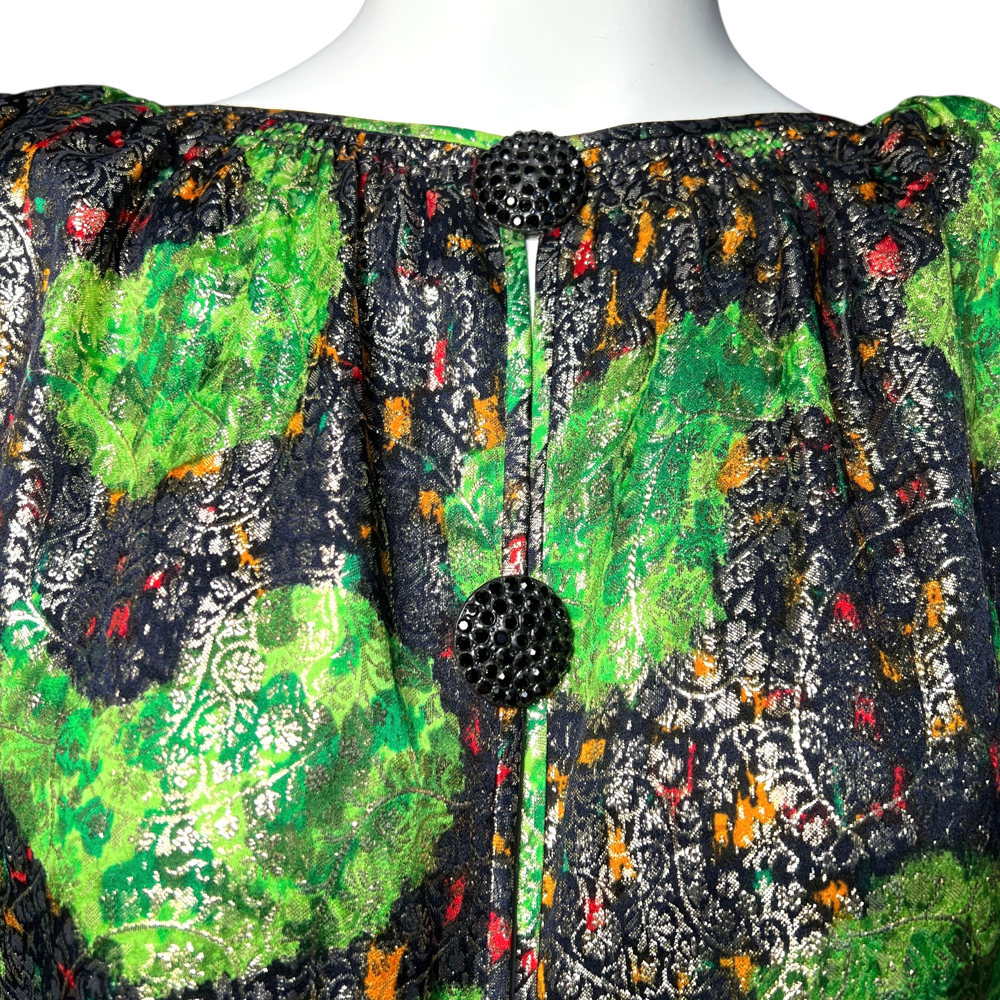 Galanos 1980's Acid Green Lamé Silk Jacquard Paisley Blouson Skirt Ensemble, button detail
