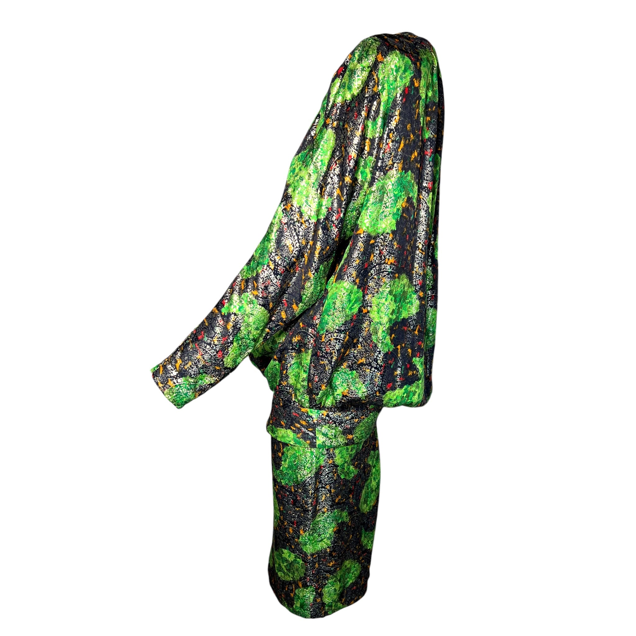 Galanos 1980's Acid Green Lamé Silk Jacquard Paisley Blouson Skirt Ensemble, side 3