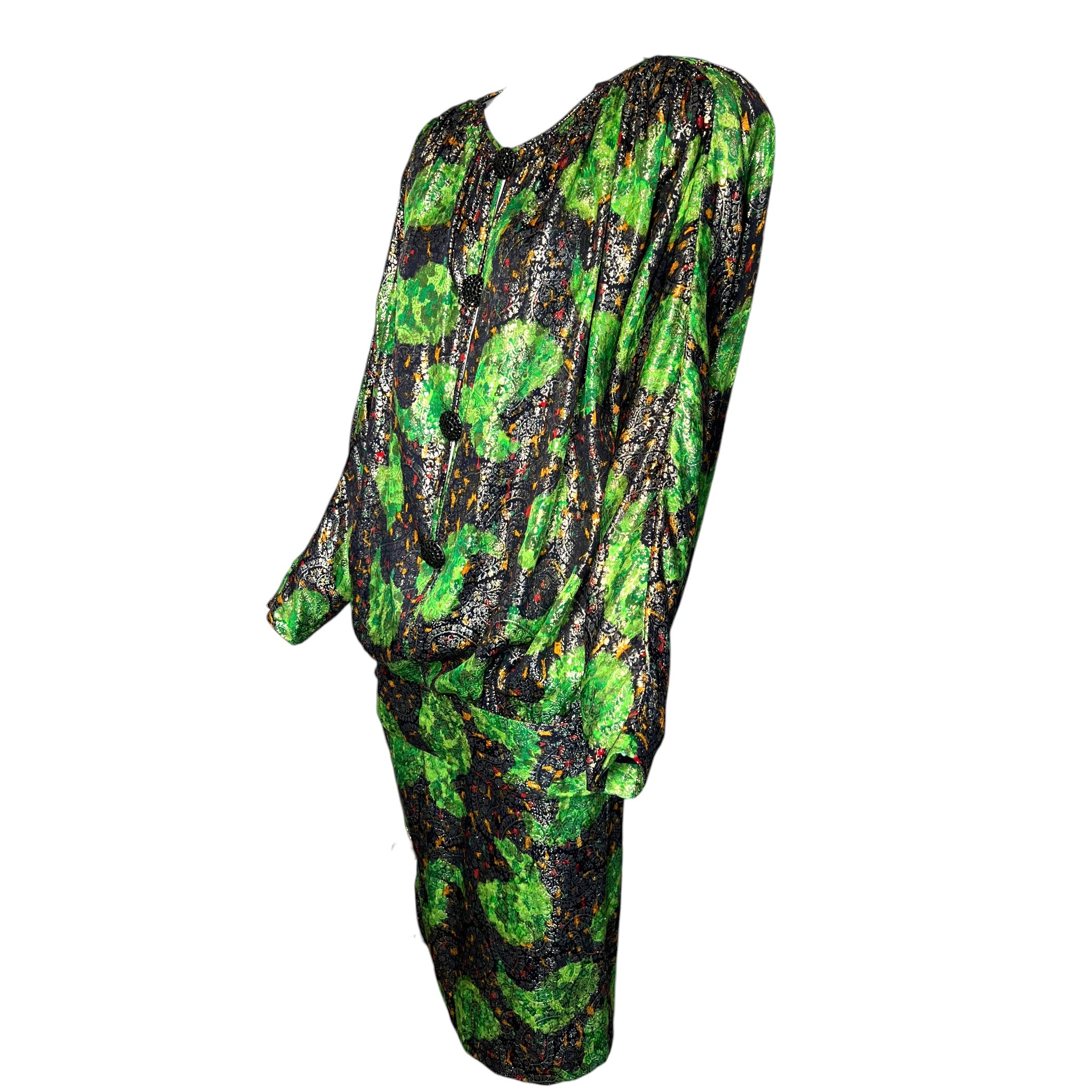 Galanos 1980's Acid Green Lamé Silk Jacquard Paisley Blouson Skirt Ensemble, slight side