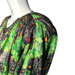 Galanos 1980's Acid Green Lamé Silk Jacquard Paisley Blouson Skirt Ensemble, shoulder