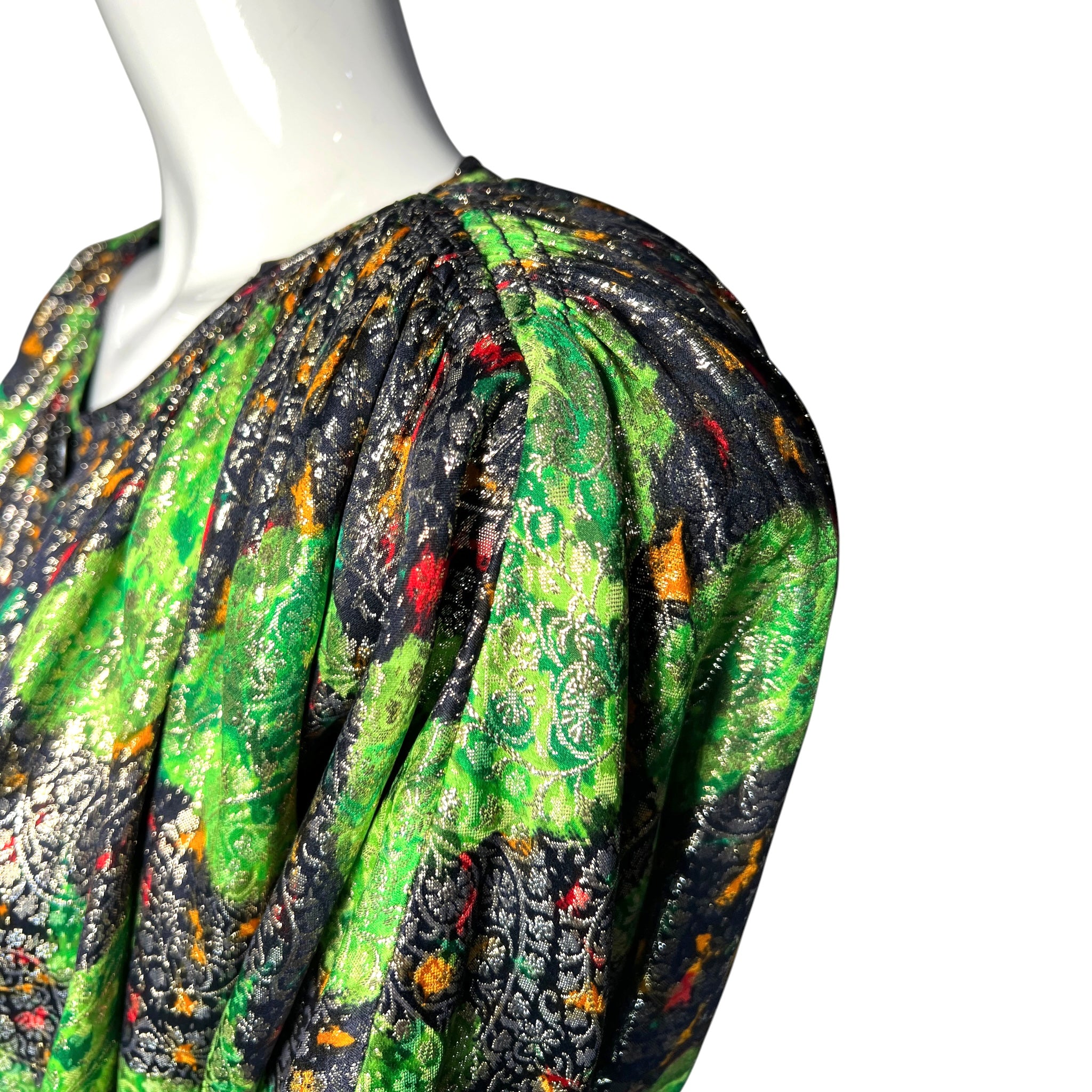 Galanos 1980's Acid Green Lamé Silk Jacquard Paisley Blouson Skirt Ensemble, shoulder