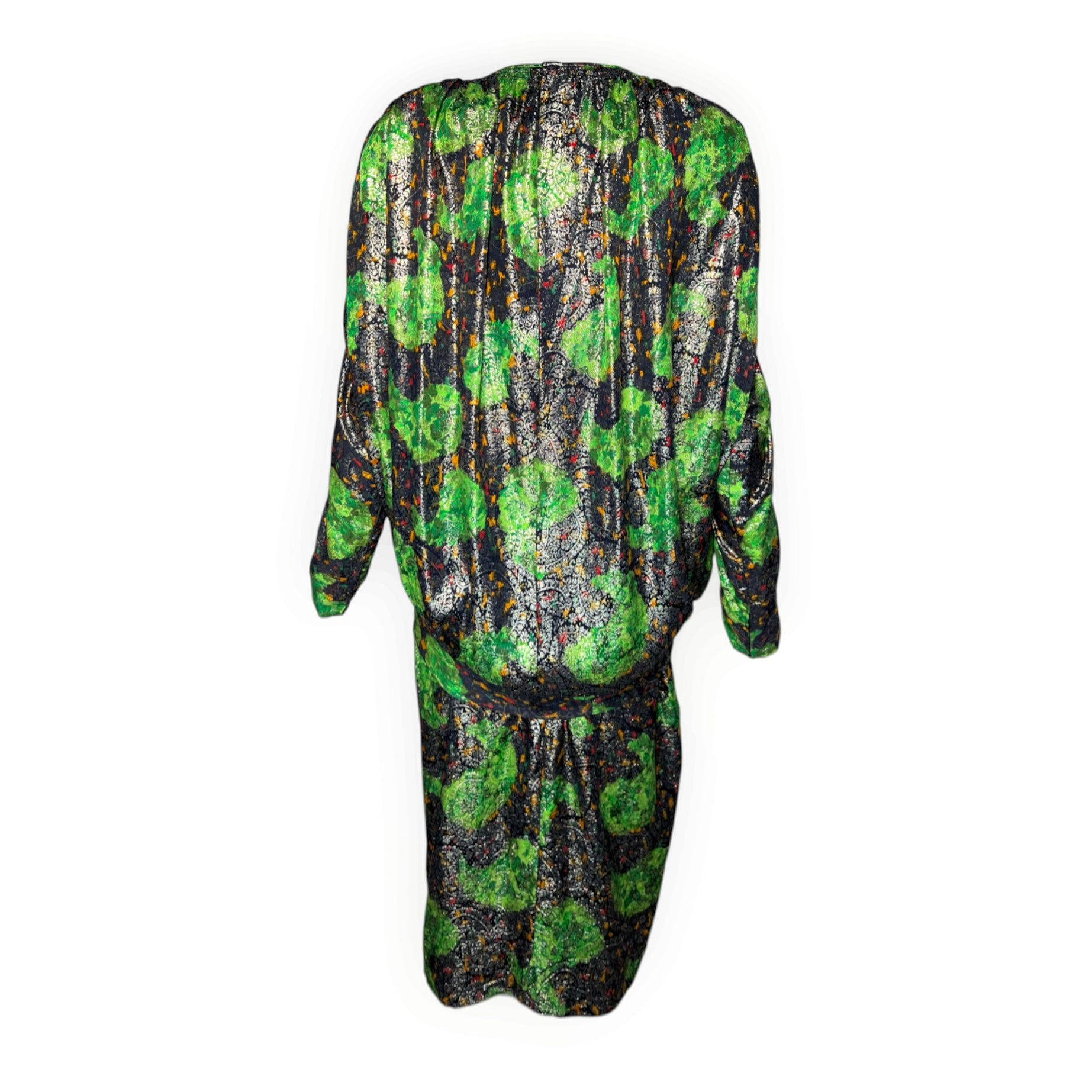 Galanos 1980's Acid Green Lamé Silk Jacquard Paisley Blouson Skirt Ensemble, back