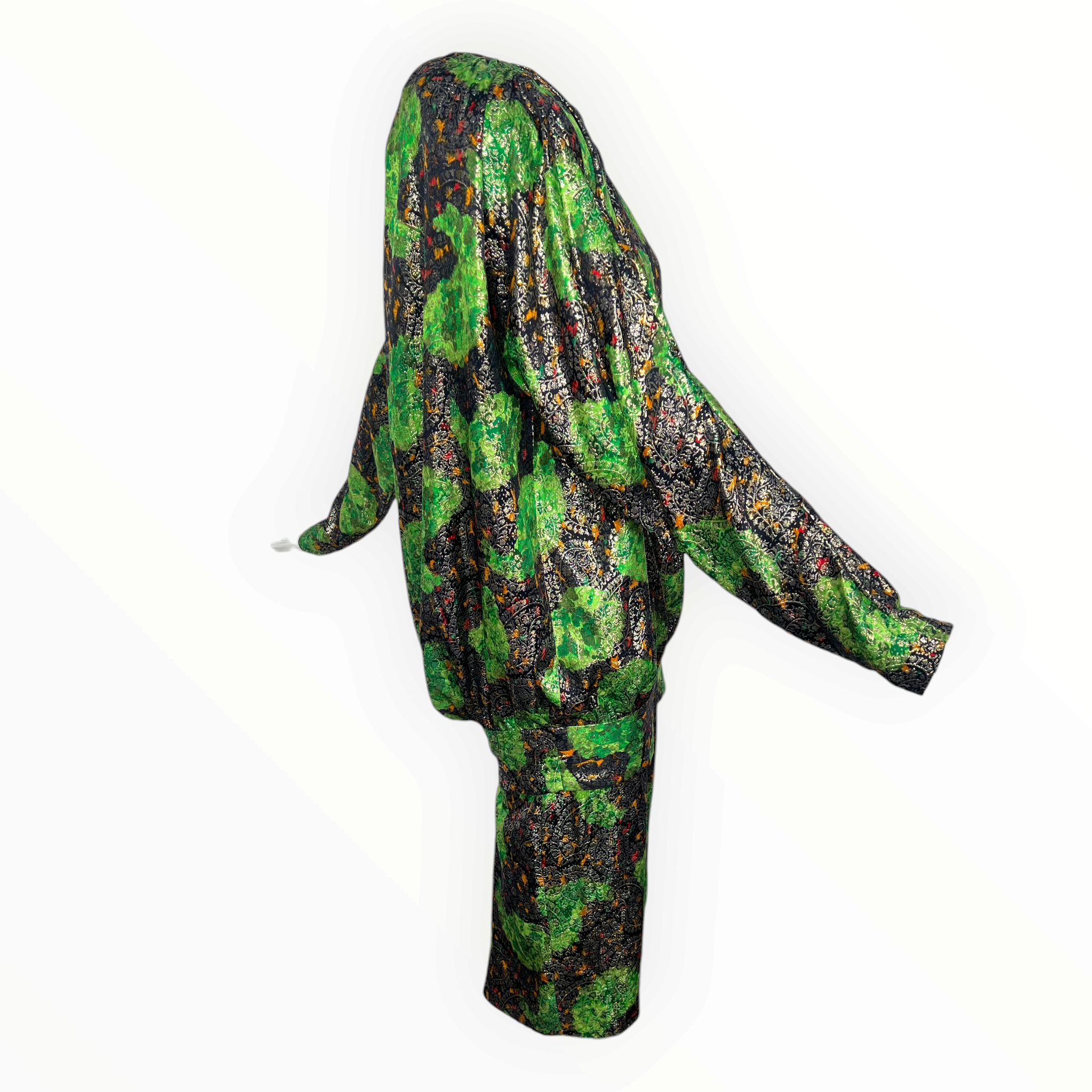 Galanos 1980's Acid Green Lamé Silk Jacquard Paisley Blouson Skirt Ensemble, side