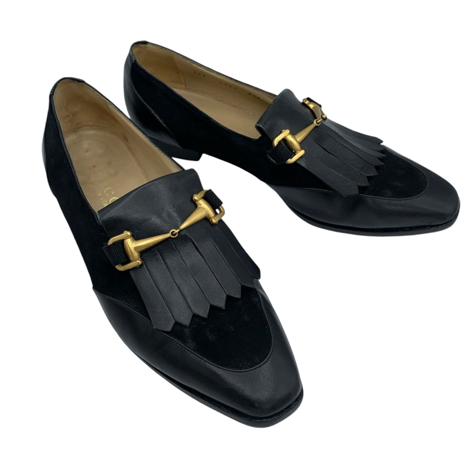 Gucci Black Leather & Suede Marmont Fringe Loafers  FRONT SIDE ANGLED 2/11