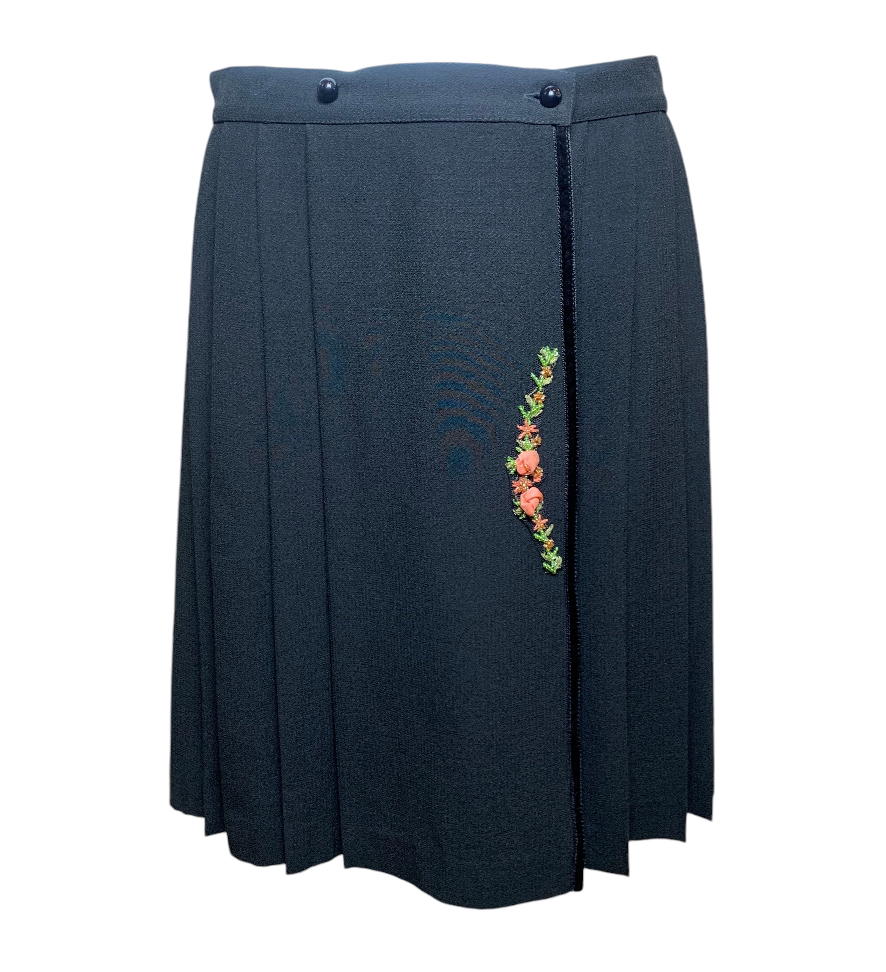 Blumarine Floral Embroidered Black Pleated Skirt Suit Ensemble FRONT SKIRT PHOTO 6 OF 13