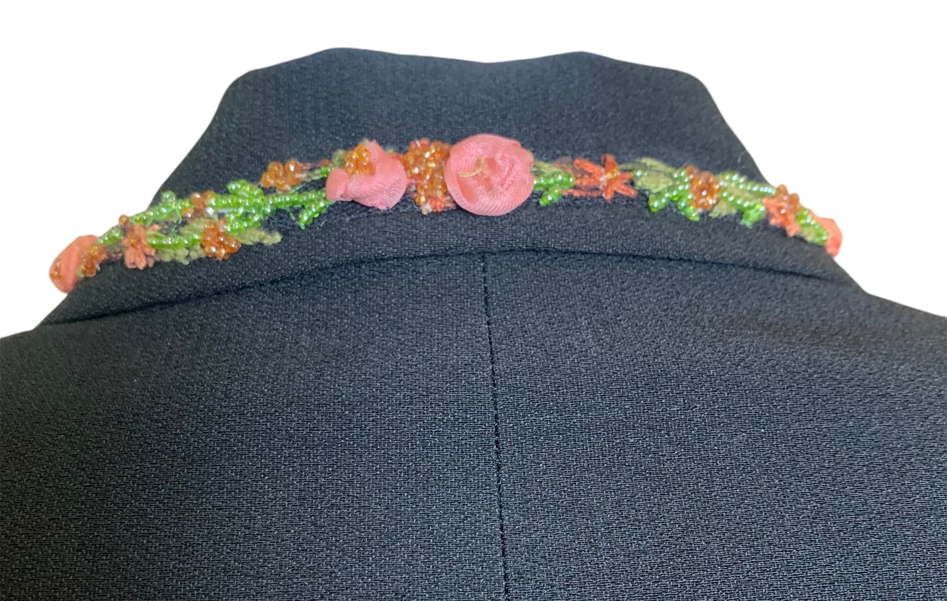 Blumarine Floral Embroidered Black Pleated Skirt Suit Ensemble COLLAR DETAIL 9 OF 13