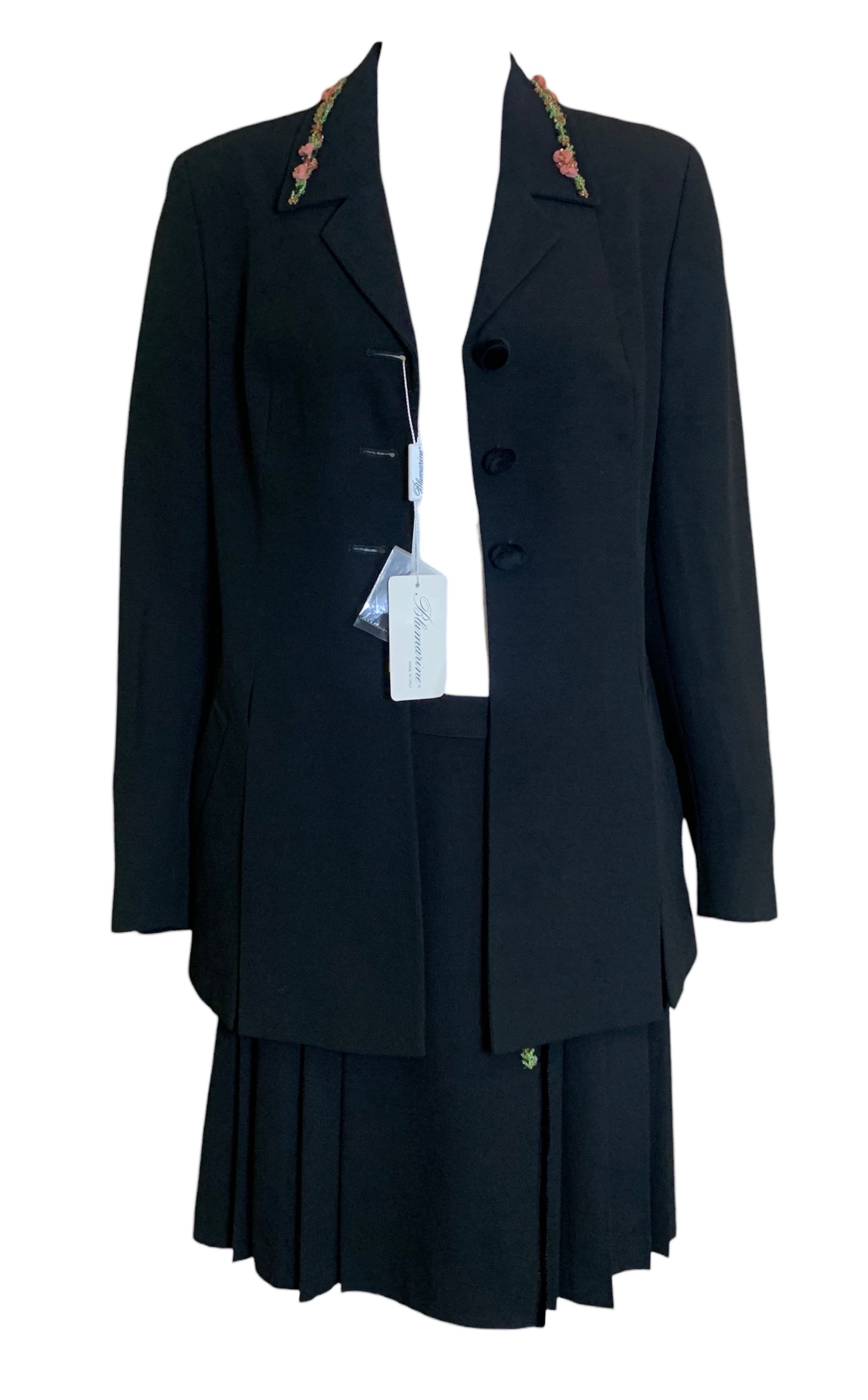 Blumarine Floral Embroidered Black Pleated Skirt Suit Ensemble FRONT OPEN WITH TAGS 4 OF 13