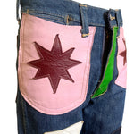 60s Wrangler Jeans with Abstract Technicolor Leather Patchwork POCKET DETAIL 6 OF 9