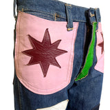 60s Wrangler Jeans with Abstract Technicolor Leather Patchwork POCKET DETAIL 6 OF 9