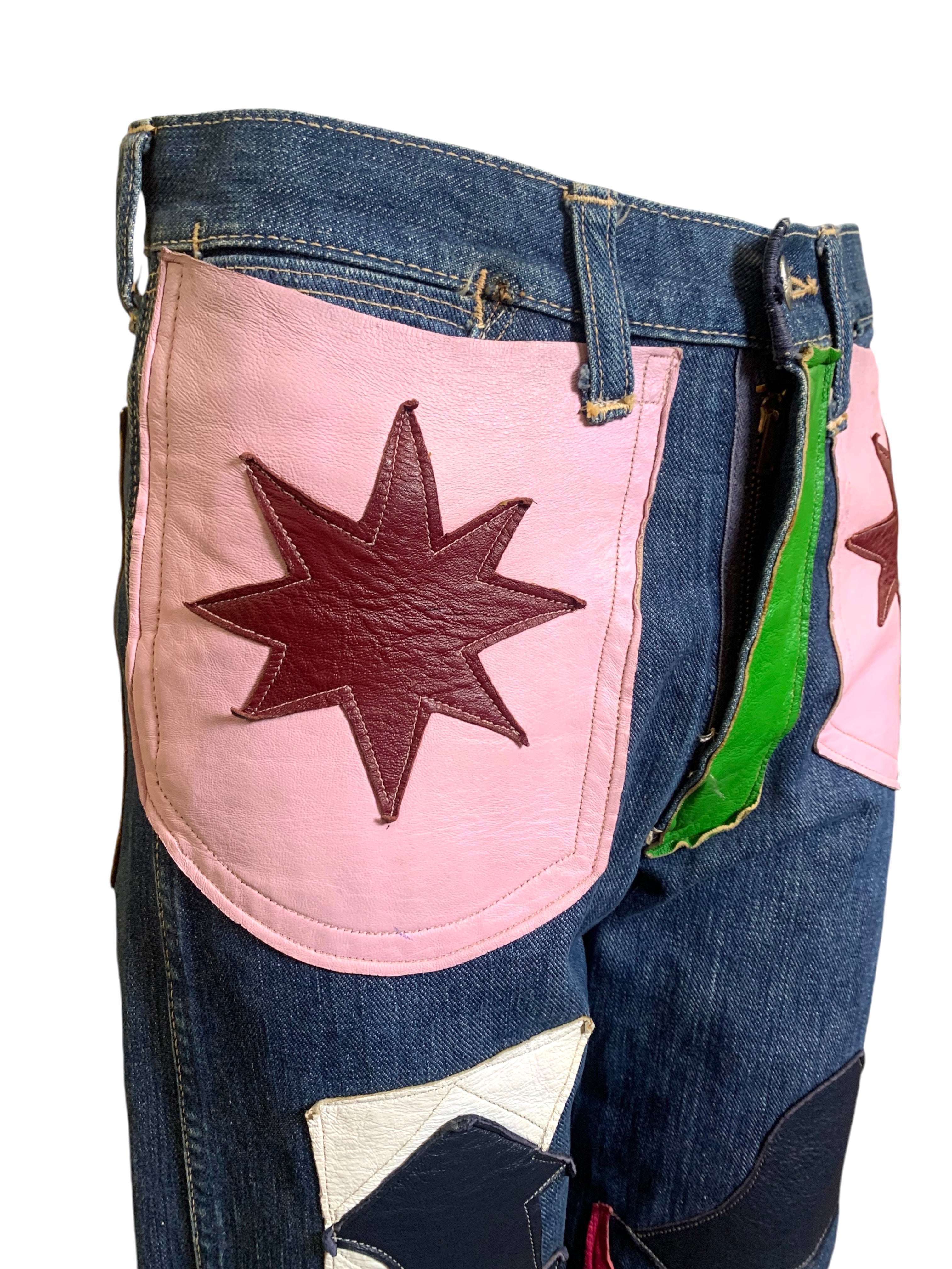 60s Wrangler Jeans with Abstract Technicolor Leather Patchwork POCKET DETAIL 6 OF 9