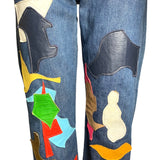 60s Wrangler Jeans with Abstract Technicolor Leather Patchwork DETAIL MID LEG 2 OF 9