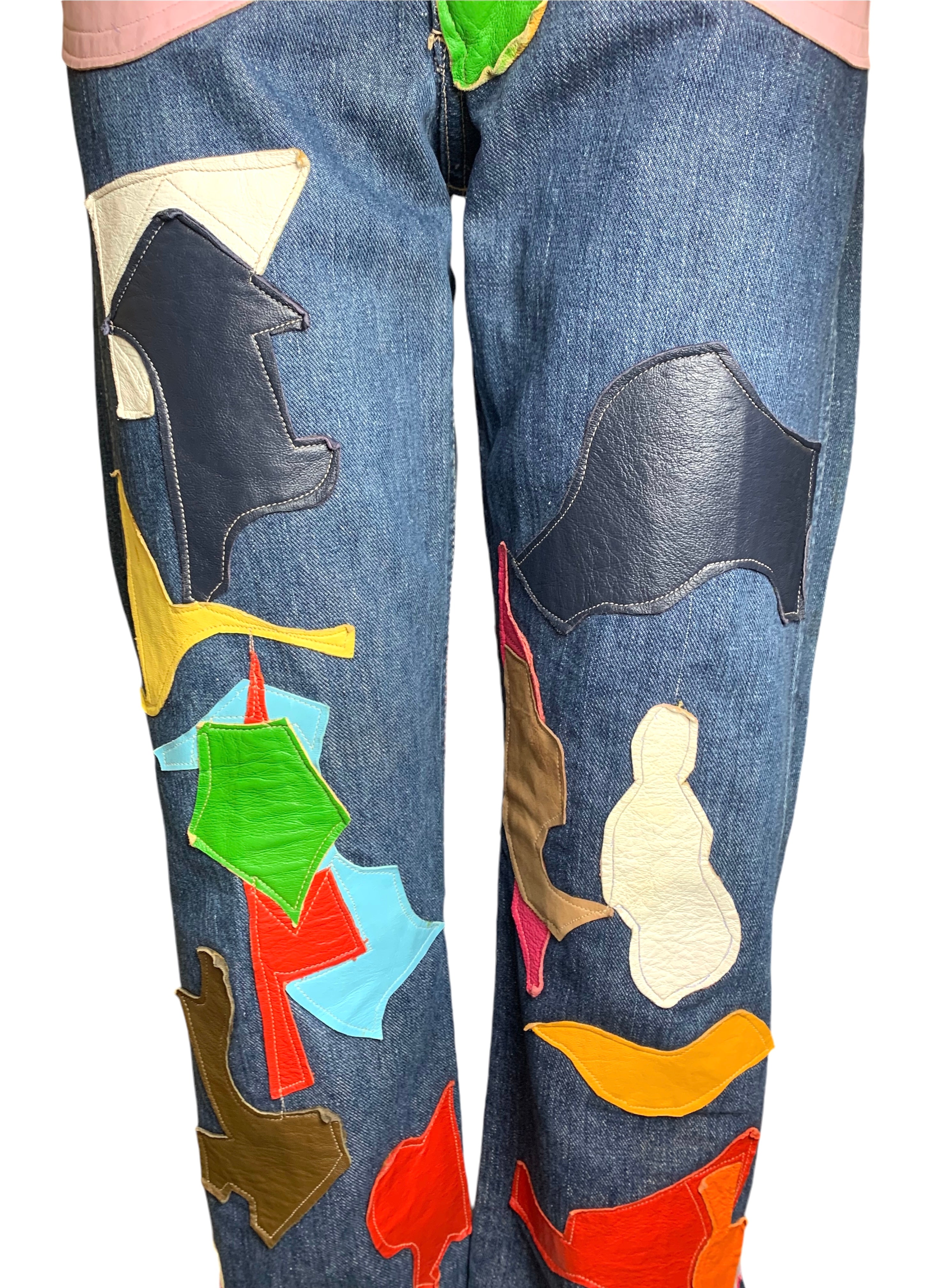 60s Wrangler Jeans with Abstract Technicolor Leather Patchwork DETAIL MID LEG 2 OF 9