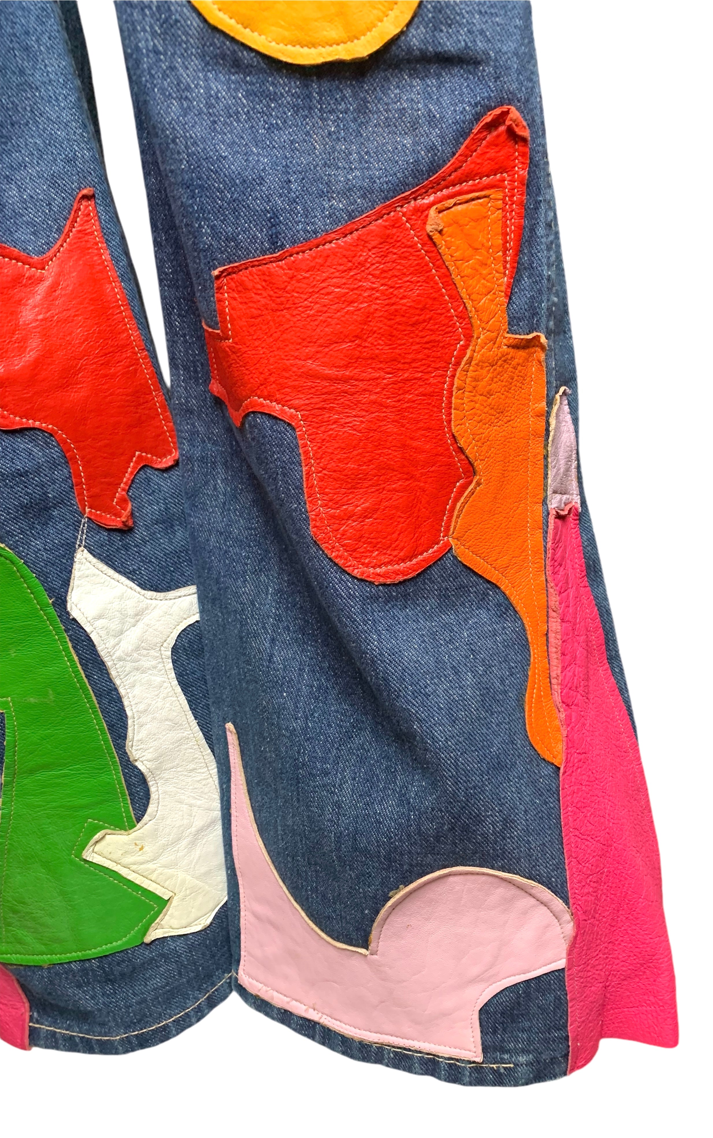 60s Wrangler Jeans with Abstract Technicolor Leather Patchwork LEG DETAIL 7 OF 9