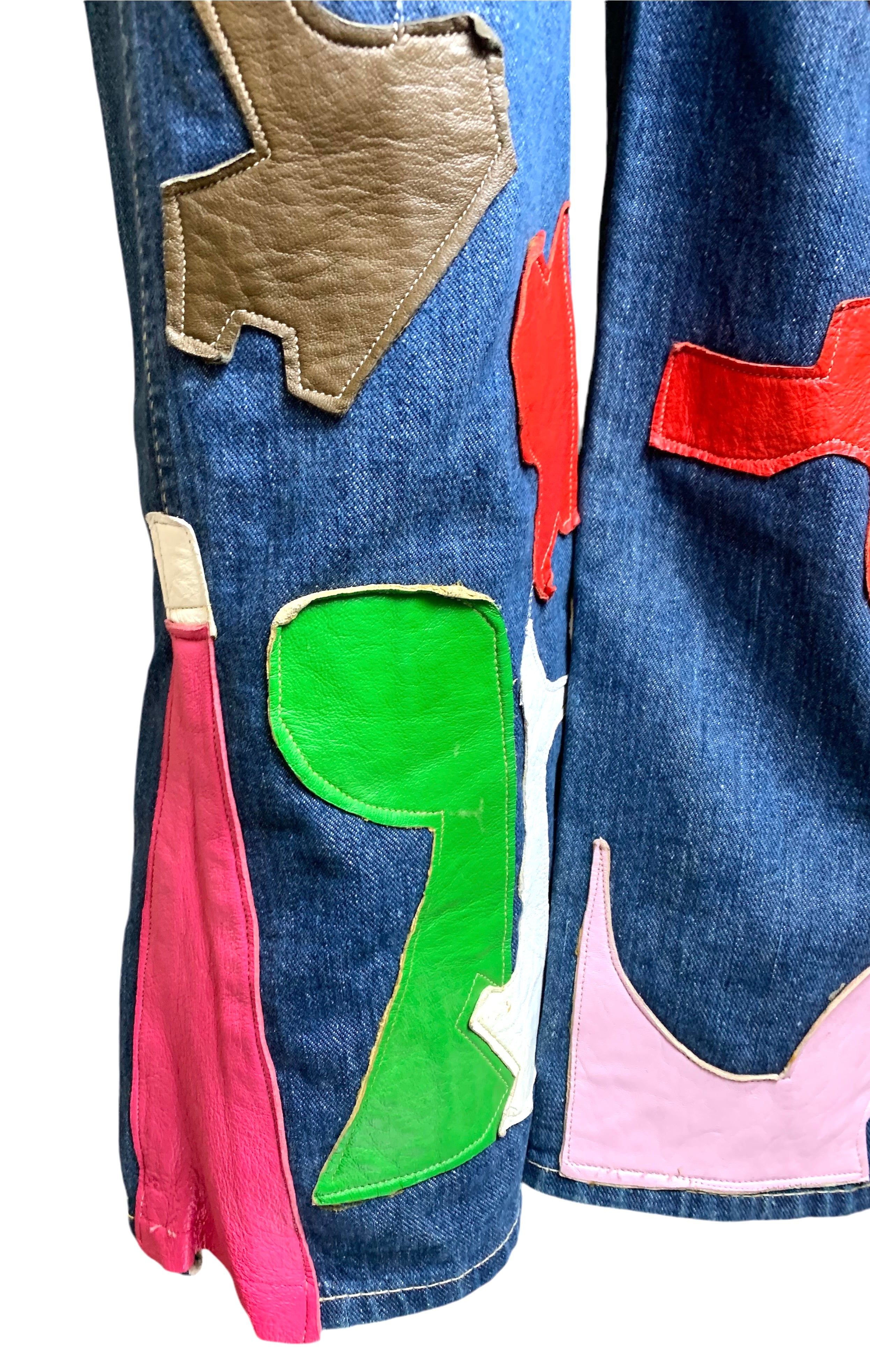 60s Wrangler Jeans with Abstract Technicolor Leather Patchwork BELL BOTTOM EXTENSION PHOTO 8 OF 9