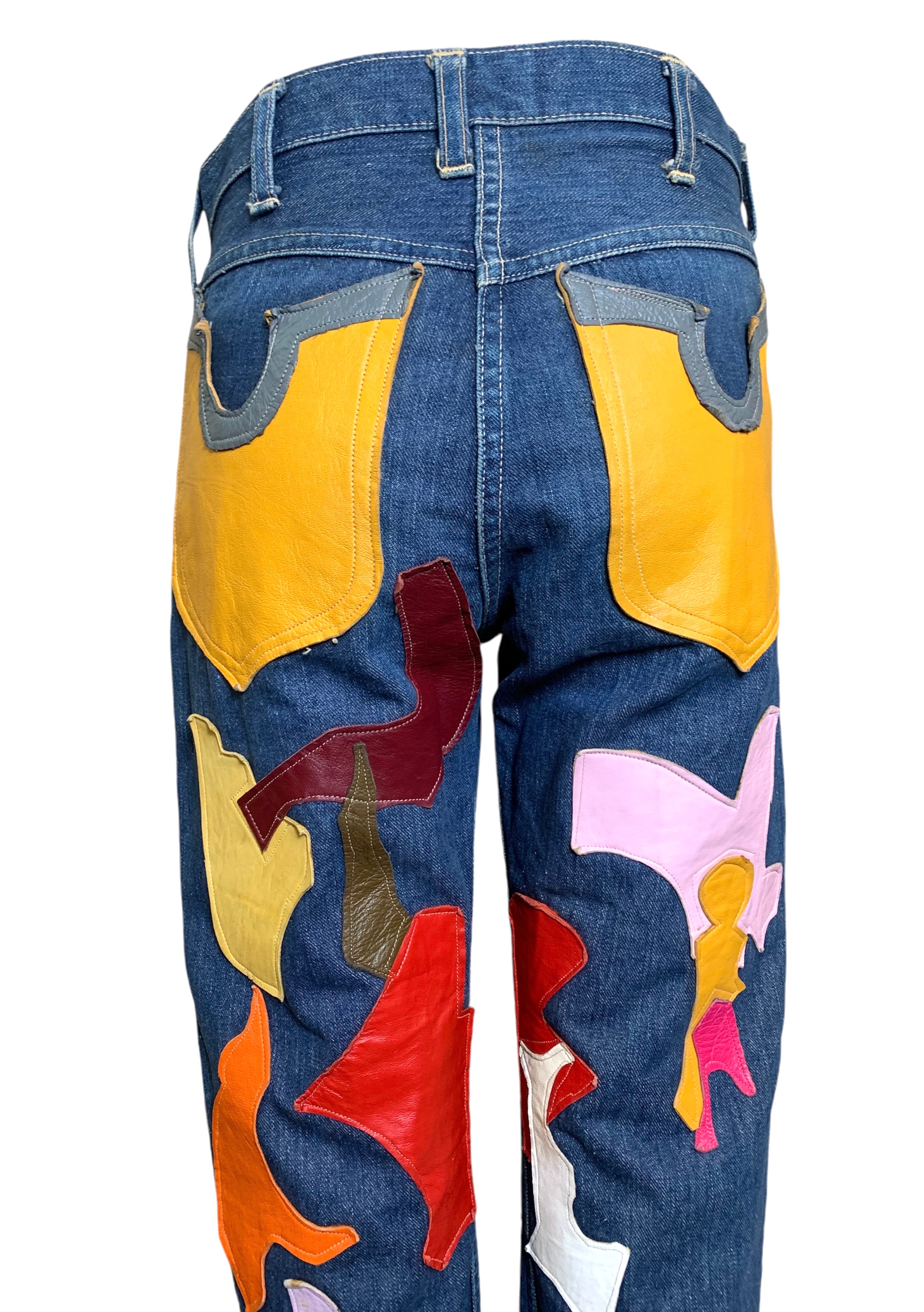 60s Wrangler Jeans with Abstract Technicolor Leather Patchwork BACK DETAIL PHOTO 5 OF 9