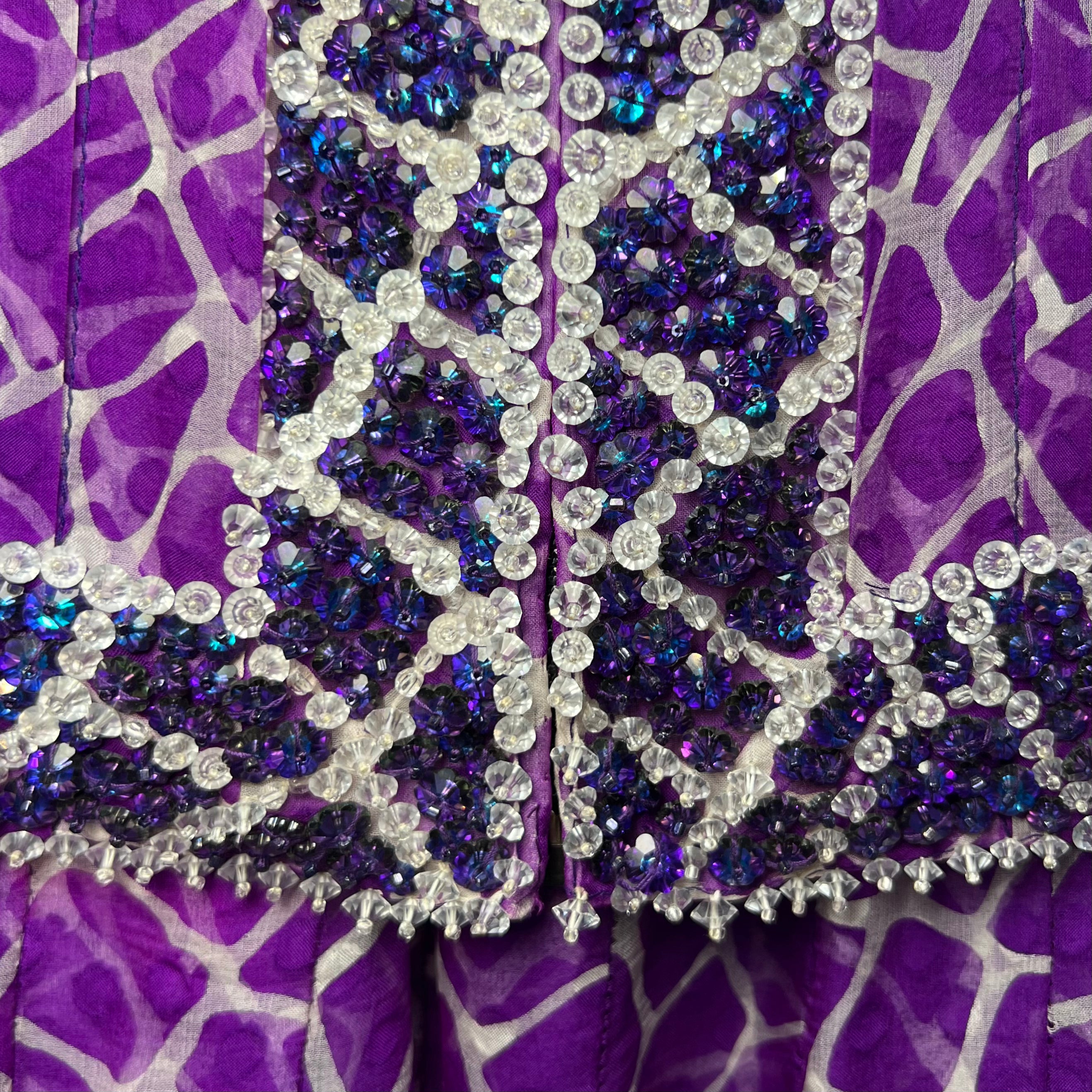 Galanos S/S 1984 Purple Silk Chiffon Jacquard Giraffe Print Beaded Skirt Ensemble, bead trim 2