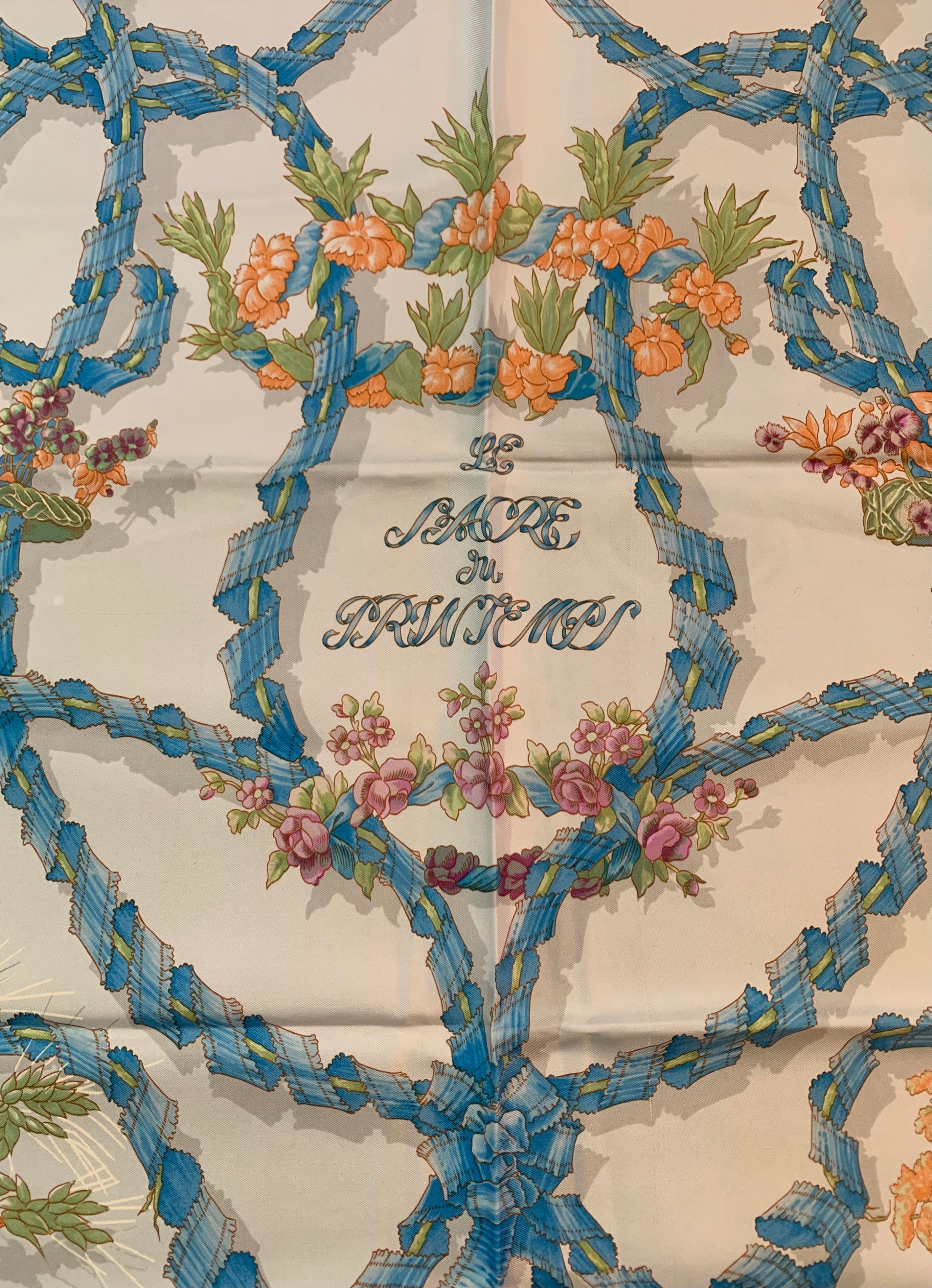 Hermes 1986 'Le Sacre du Printemps" Ivory & Blue Silk Scarf DETAIL 2 of 4