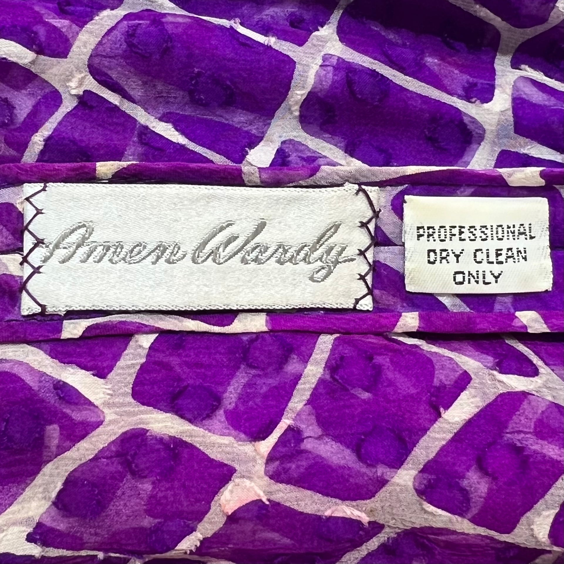 Galanos S/S 1984 Purple Silk Chiffon Jacquard Giraffe Print Beaded Skirt Ensemble, store label