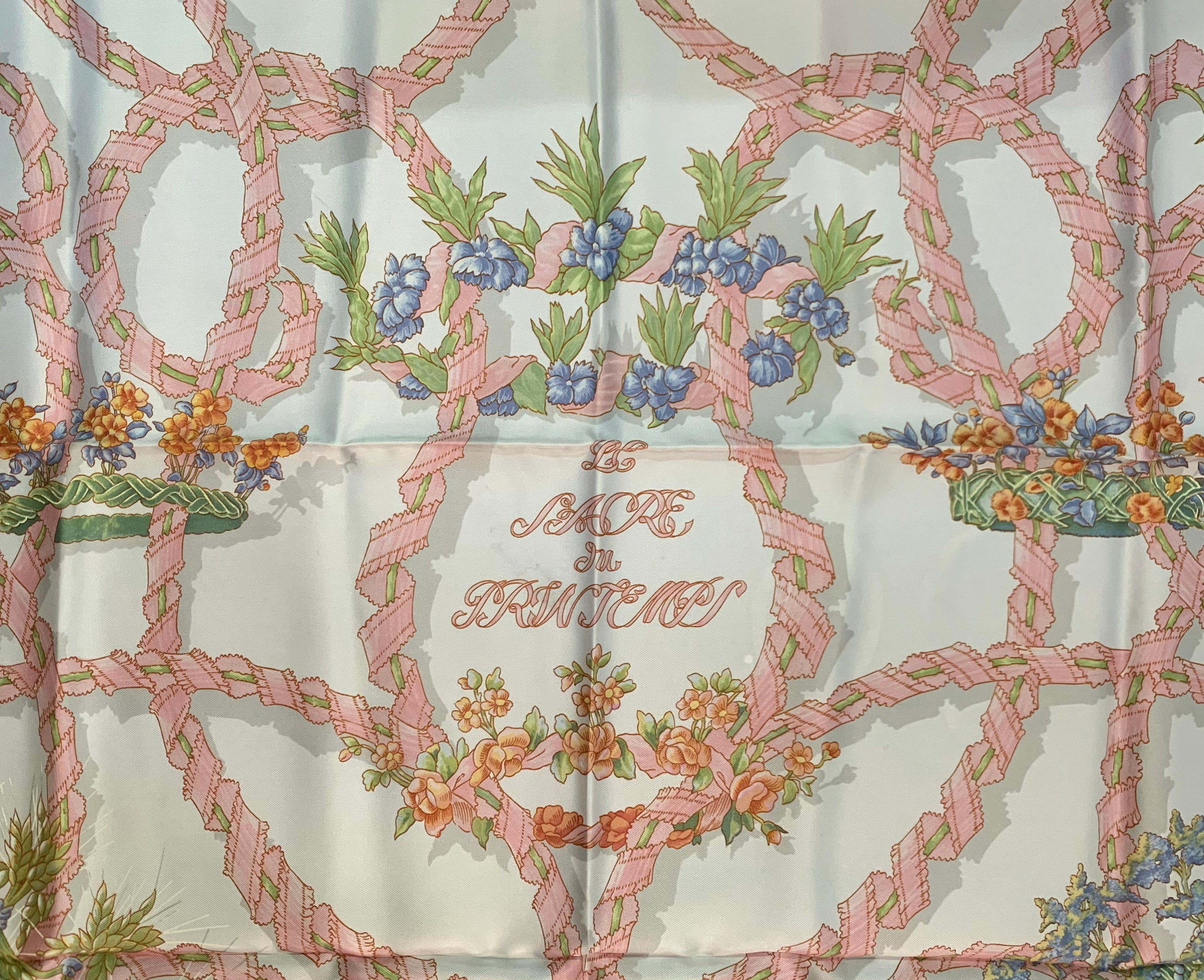 Hermes 1986 'Le Sacre du Printemps' Spring Pink & White Silk Scarf DETAIL 2 of 4